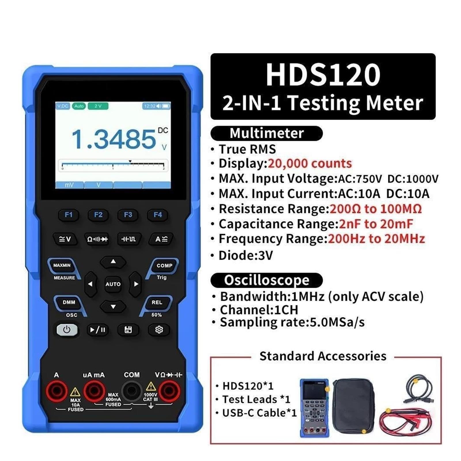Osciloscopio portátil, Multímetro de osciloscopio portátil 60000 cuentas True RMS 1000V Protección entrada HDS120 HDS160(HDS120)