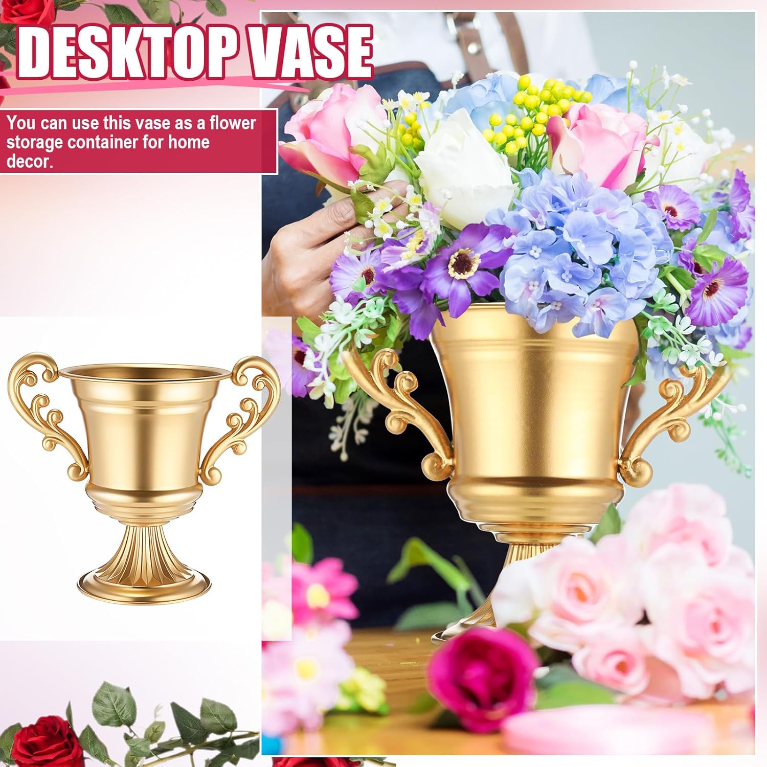 4 Pcs Horse Racing Derby Party Mint Julep Cups with 1 Trophy Flower Urn, Stainless Steel Glasses 12 oz Metal Cocktail Glasses with Compote Vase for Centerpieces for Home Bar(Gold)
