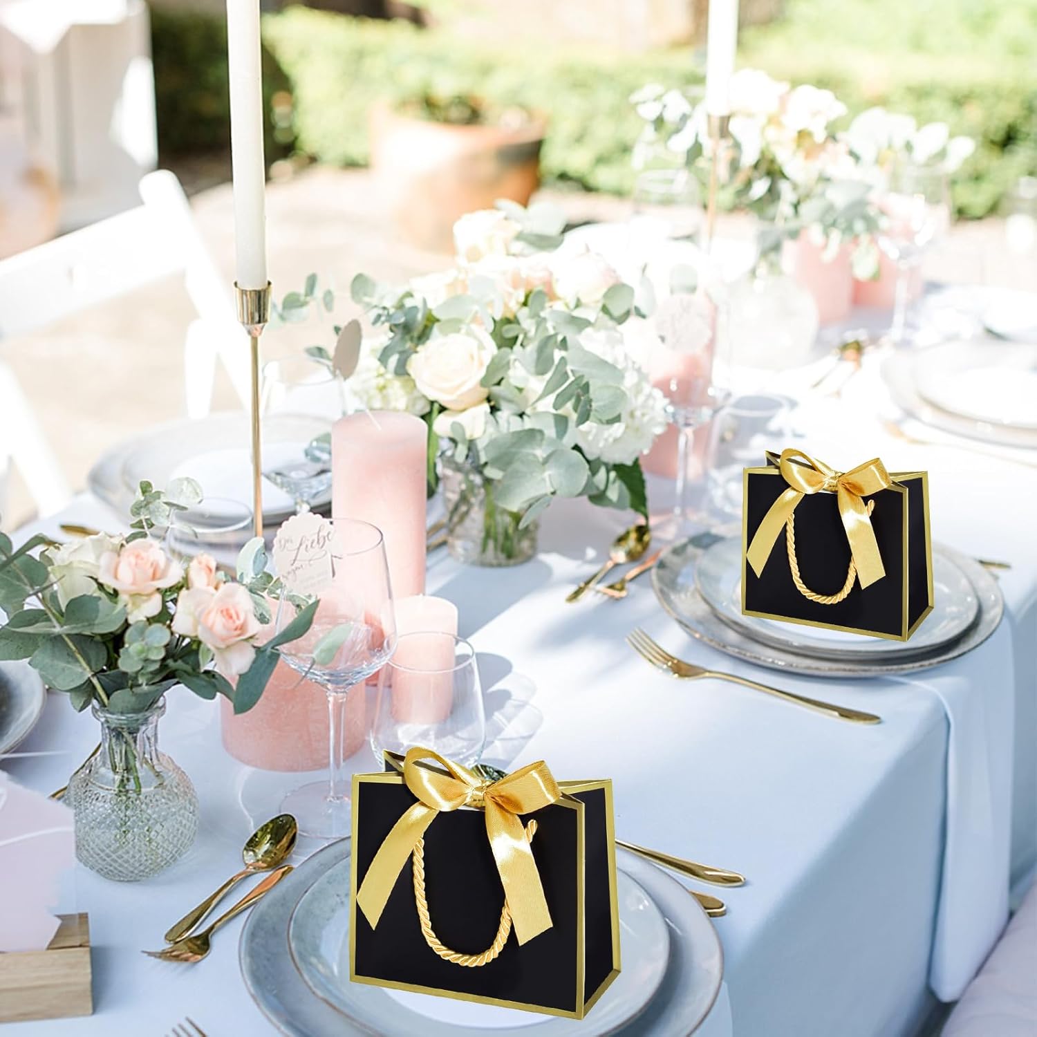 EQOREIIN 50 PCS Small Gift Bags with Handles,Black Mini Bag, 5.5x 2.5x4.7 Inches Small Thank You Gift Bags Bulk with Ribbon for Party Favors,Mother's Day,Baby Shower, Goodie, Weddings(Black Gold) - Image 6