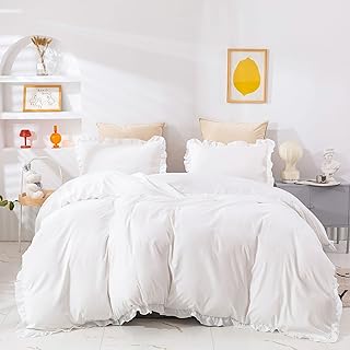 Wellboo White Queen Comforter Sets Solid White Ruffle Bedding Comforters Women Girls White Farmhouse Shabby Chic Comforter Plain White Boho Bed Vintage Rustic Soft Bedding All White Lace Ruffled Bed
