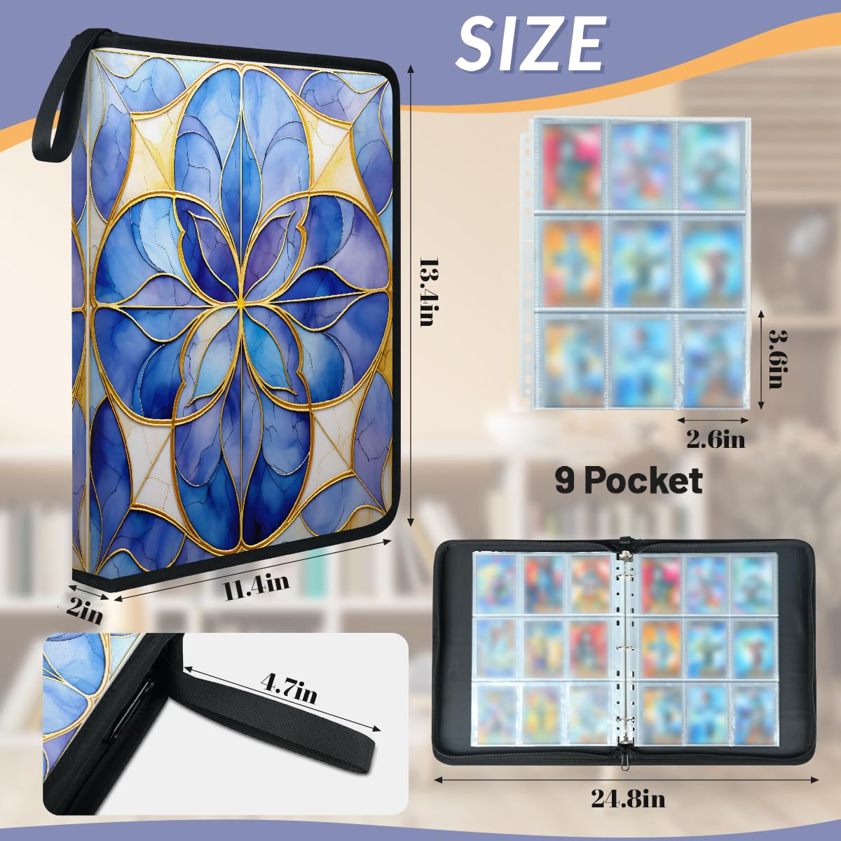 Raccoglitore per carte con 9 tasche, 900 tasche, con chiusura a cerniera (stampa viola oro marmo)