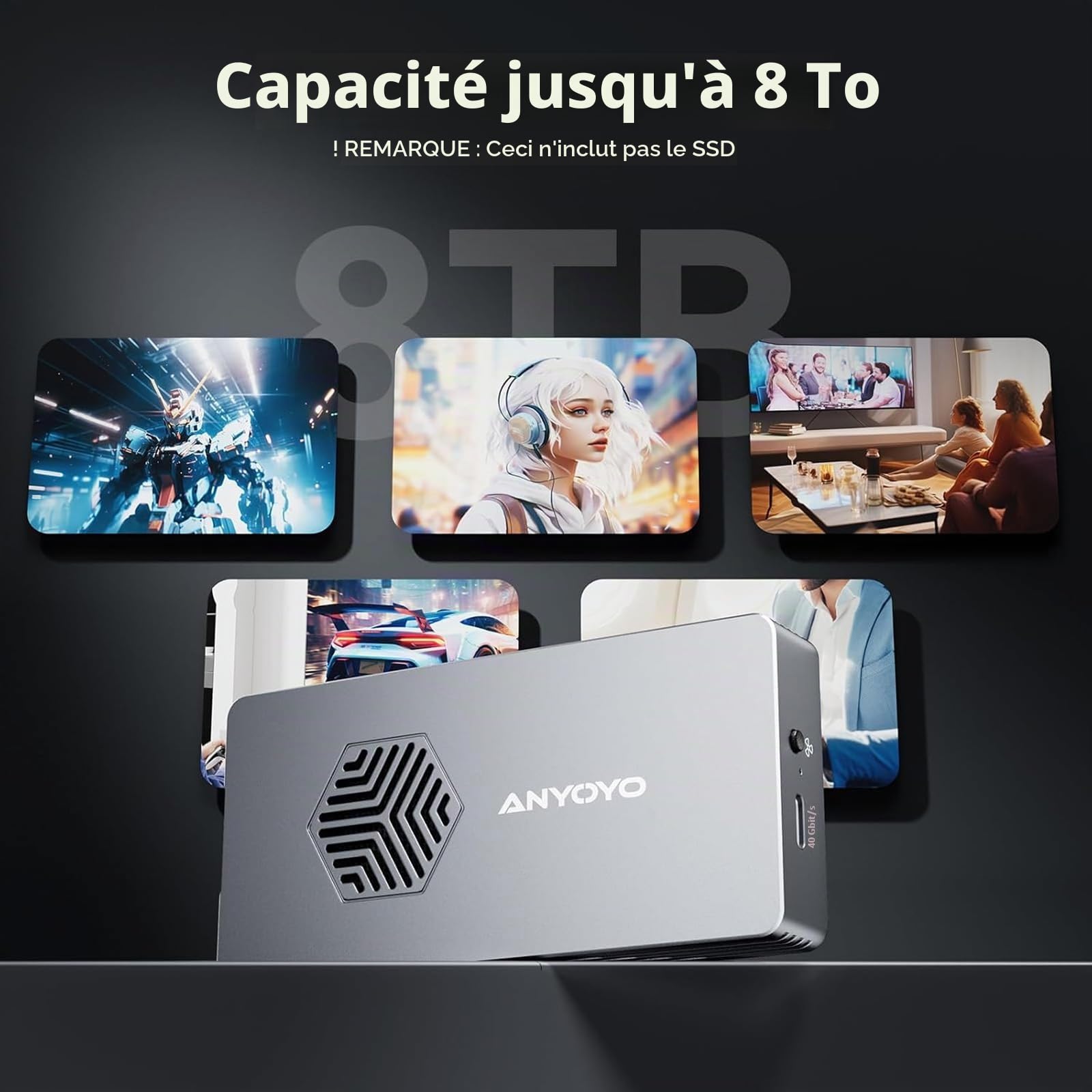 Boîtier SSD, ANYOYO Boîtier NVMe 40 Gbps avec Ventilateur, Boîtier SSD M.2 en Aluminium pour Thunderbolt 3/4, périphérique USB4/3.2/3.1/3.0, prise en charge de la clé 2280 M/B+M Key, jusqu'à 2800 MB/s