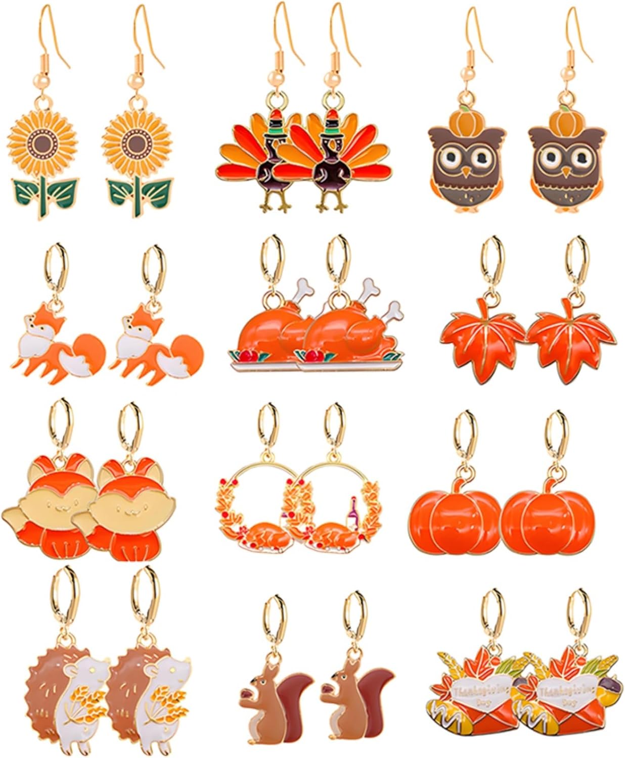 WCRAZYE 24 Pcs Thanksgiving Fall Earrings for Women Cute Pumpkin Sunflower Maple Leaf Candy Corn Squirrel Turkey Autumn Fall Earrings Thanksgiving Autumn Party Jewelry Gifts