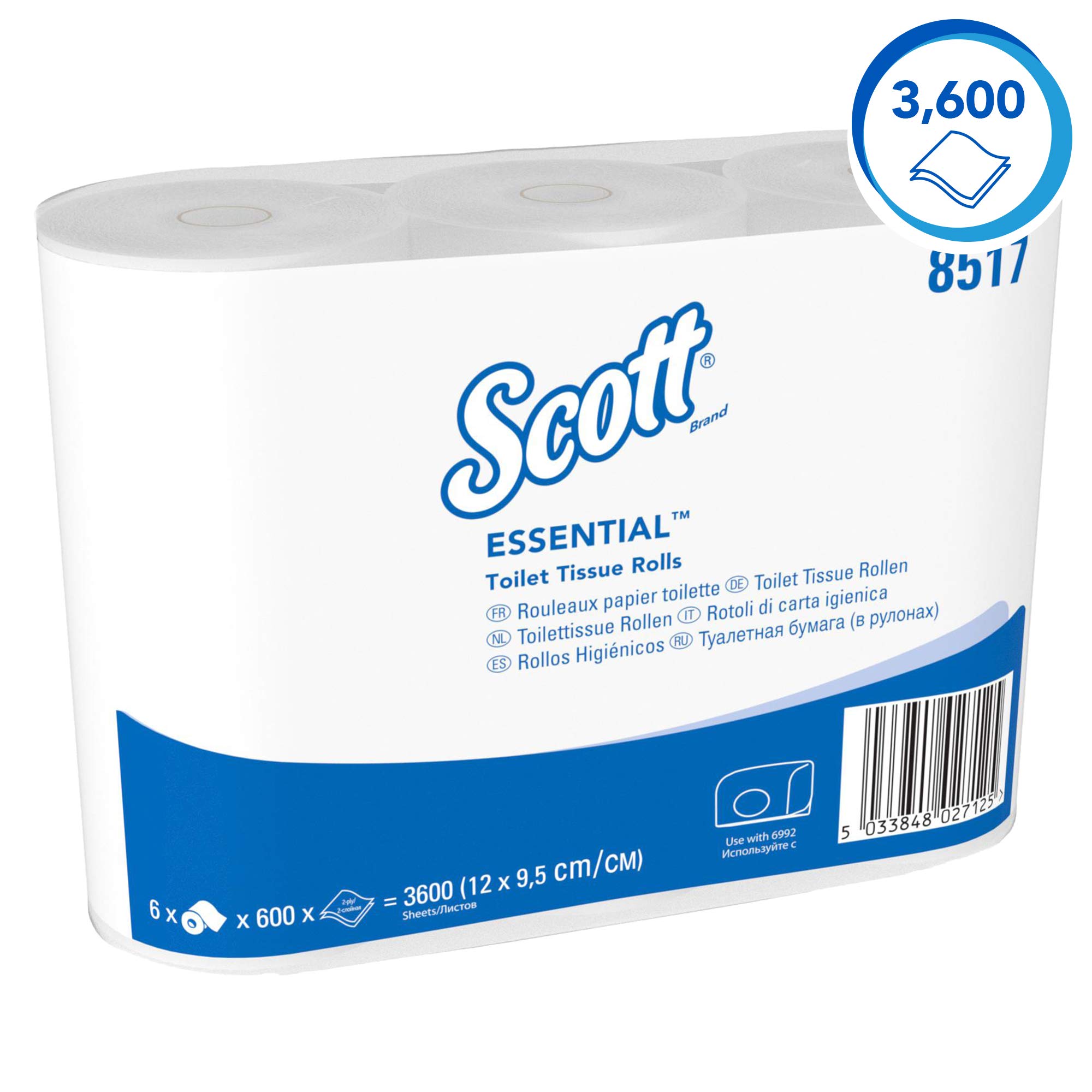 Scott Essential Papier toilette 8517, 2 Épaisseurs, Papier toilette en petits rouleaux compacts, Certifié FSC, Pour les sanitaires très fréquentés, 36 rouleaux x 600 feuilles (21.600 au total)