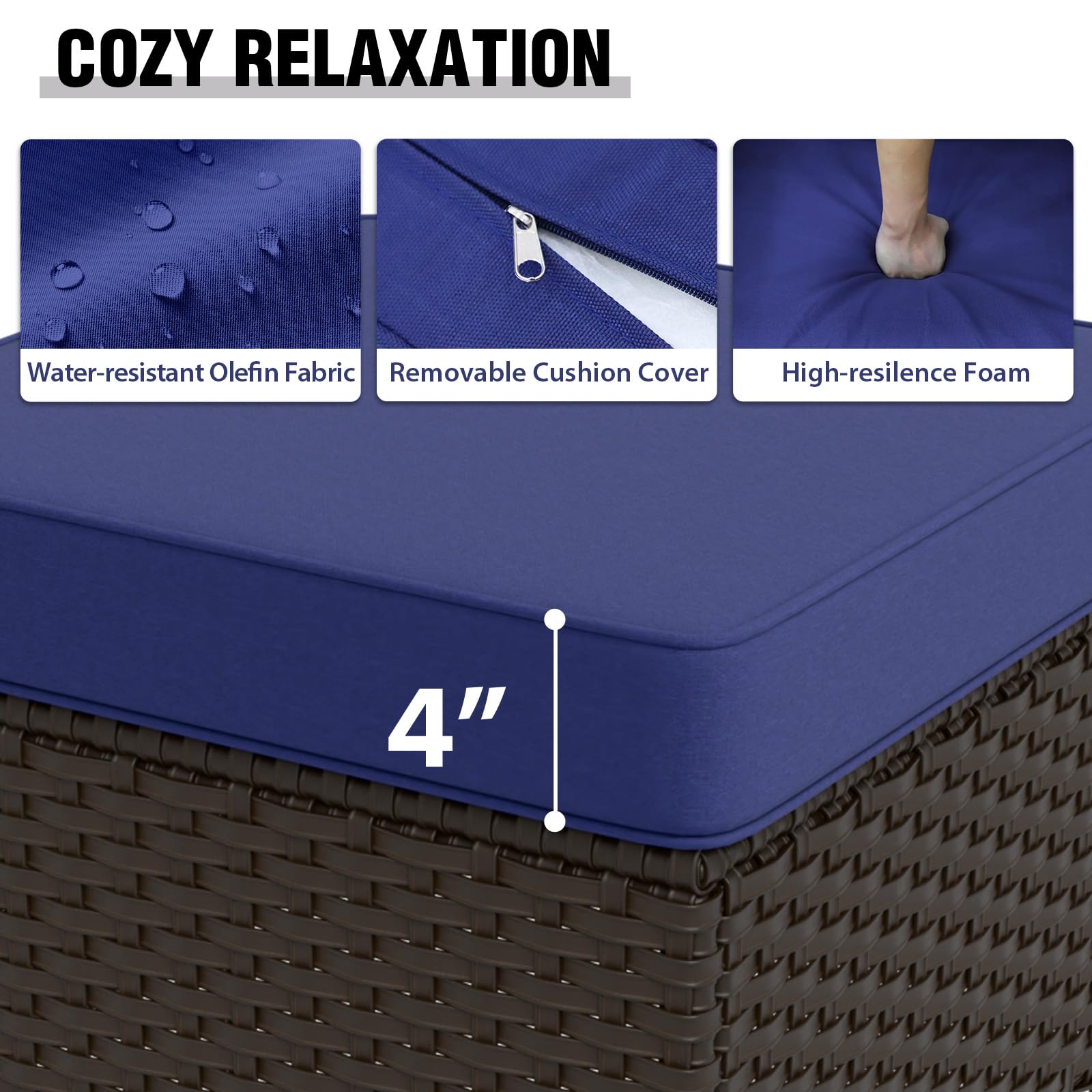 COOS BAY Stone Harbor Outdoor Wicker Ottomans, Small Patio Ottoman Set of 2, Square Rattan Ottoman Foot Rest for Patio Backyard Deck Porch, Brown/Blue