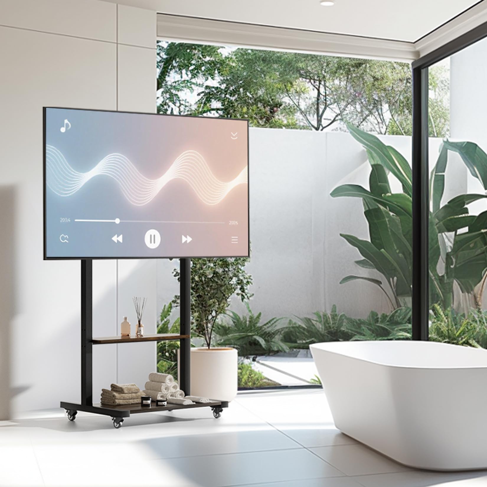 UNHO Supporto TV da Pavimento con Ruote per Schermi 40-100 Pollici: Supporto TV Mobile con Rotelle, Peso Max 100kg Max VESA 800x600mm, Regolabile in Altezza, Ripiani in Legno