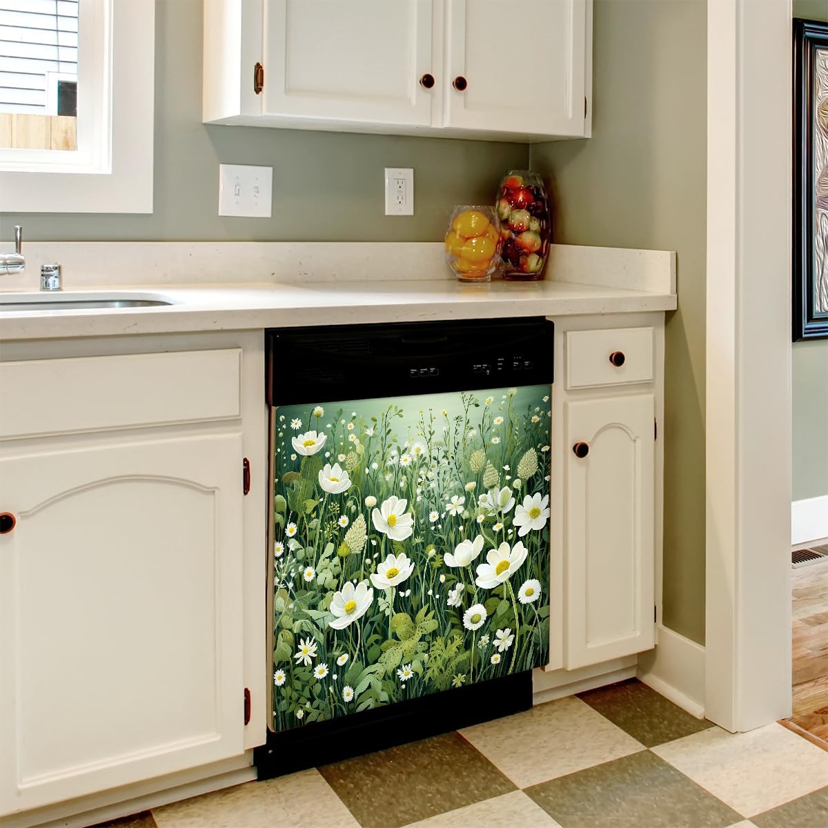 Green Floral Dishwasher Magnet Cover Decorative Refrigerator Covers Magnetic Reusable Dishwasher Door Cover Kitchen Appliance Sticker Cover 21x26Inch
