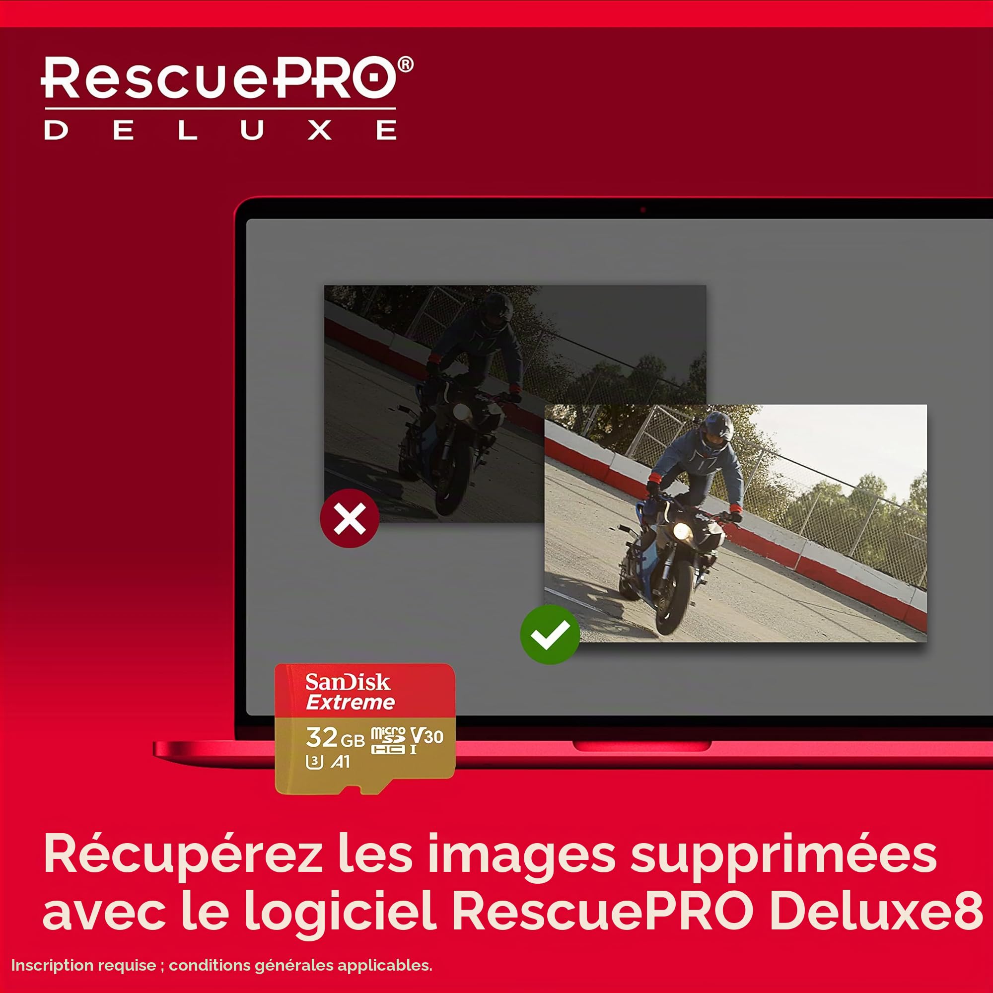 SanDisk Extreme 32 GB microSDHC Memory Card + SD Adapter with A1 App Performance + Rescue Pro Deluxe, Up to 100 MB/s, Class 10, UHS-I, U3, V30, Red/Gold