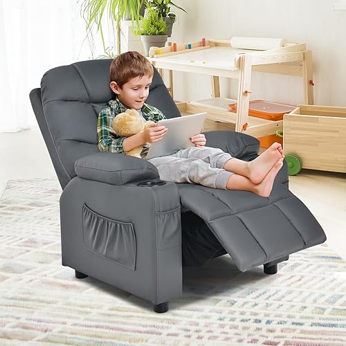 Miniatura 6 de Costzon Silla reclinable para niños con soporte para tazas, silla de descanso ajustable con reposapiés y bolsillos laterales para habitación de