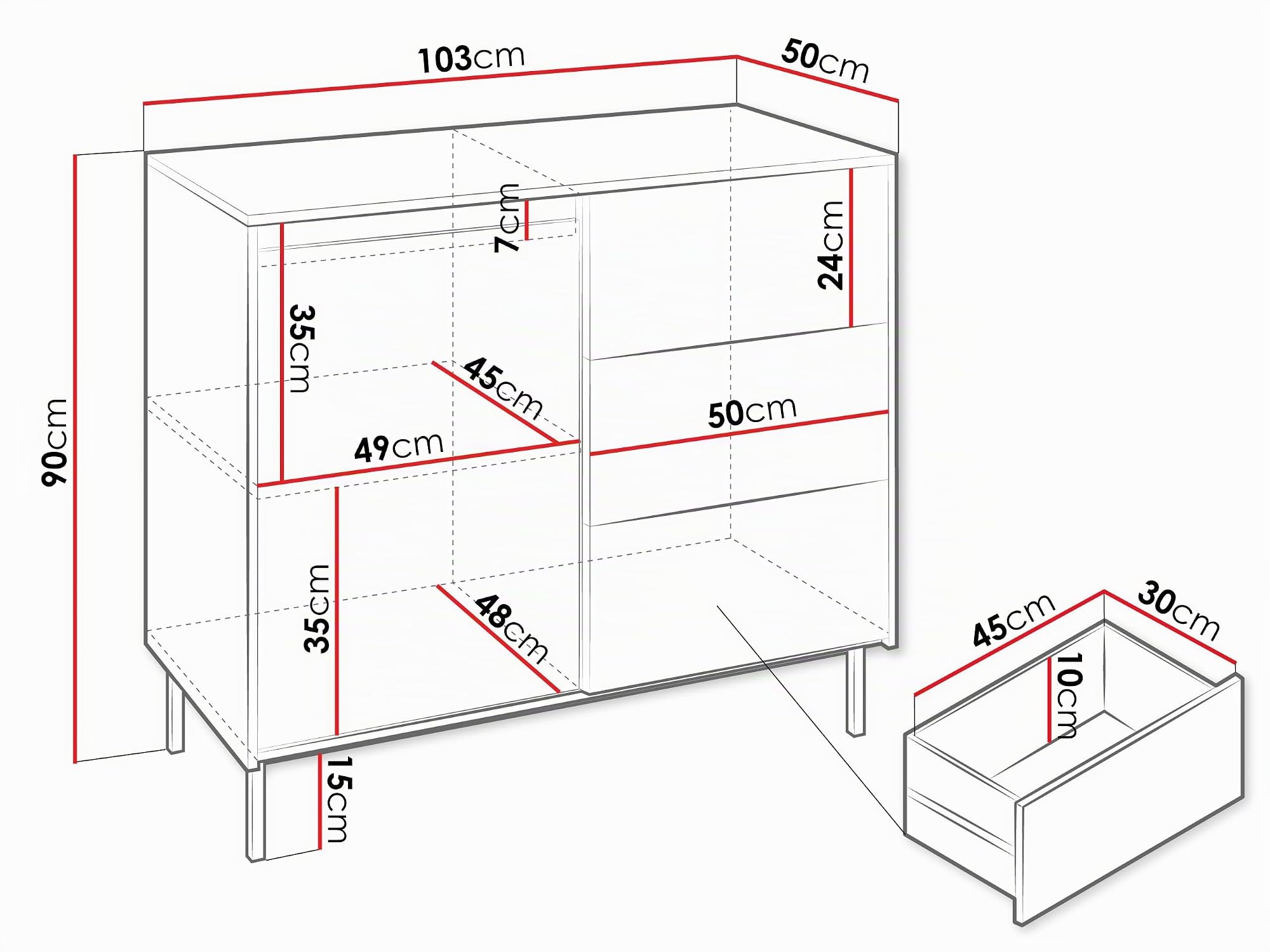 Mirjan24 Kommode Ozmi 1D3SZ mit 1 Tür und 3 Schubladen (Schwarz) | Sideboard mit Push-to-Open-System, 2 Innenfächern und schwarzem Metallgestell für Kleidung und Wohnaccessoires