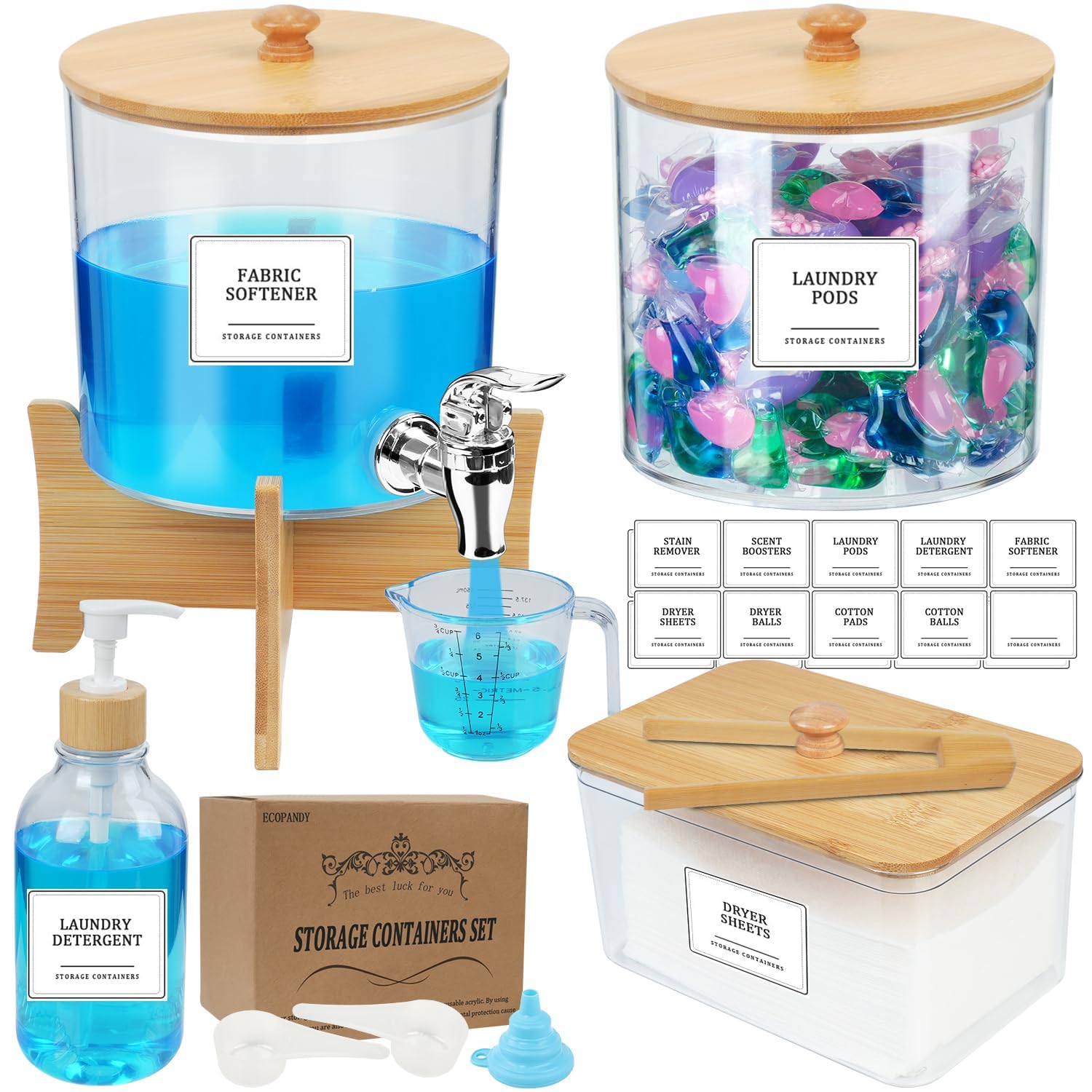 Liquid Laundry Detergent Dispenser, 10 Set Laundry Room Organization Laundry Pods Container & Dryer Sheet Holder with Lids & Labels, Fabric Softener Dispenser for Detergent Powder Dryer Balls Beads