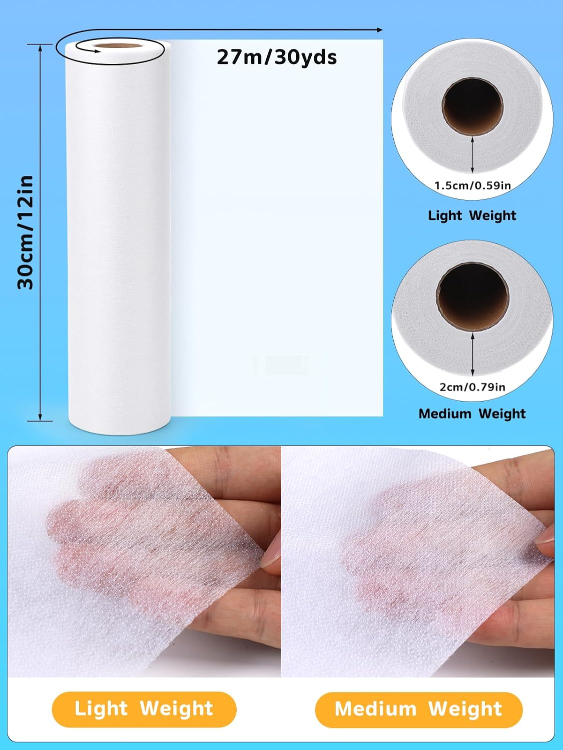 White Lightweight Fusible Interfacing for Sewing: 11.6" X 30yd Interfacing Fabric for Sewing, Iron-On Non-Woven Single-Sided Interfacing for Crafts, Quilting Supplies