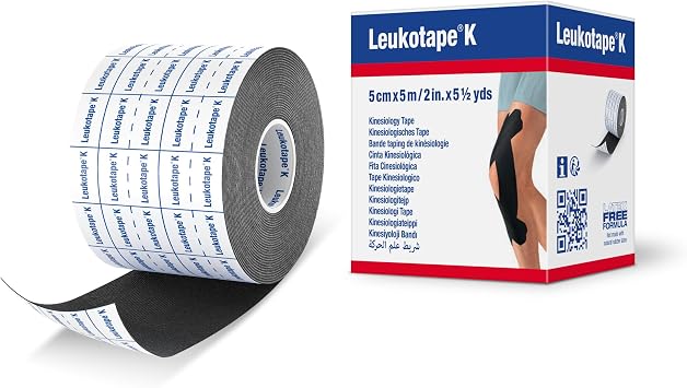 Leukotape K Kinesiology Tape Water-Repellent, Skin-Friendly, Stays in Place for up to 9 Days - 2 in x 5 yds, Black, 5 Rolls
