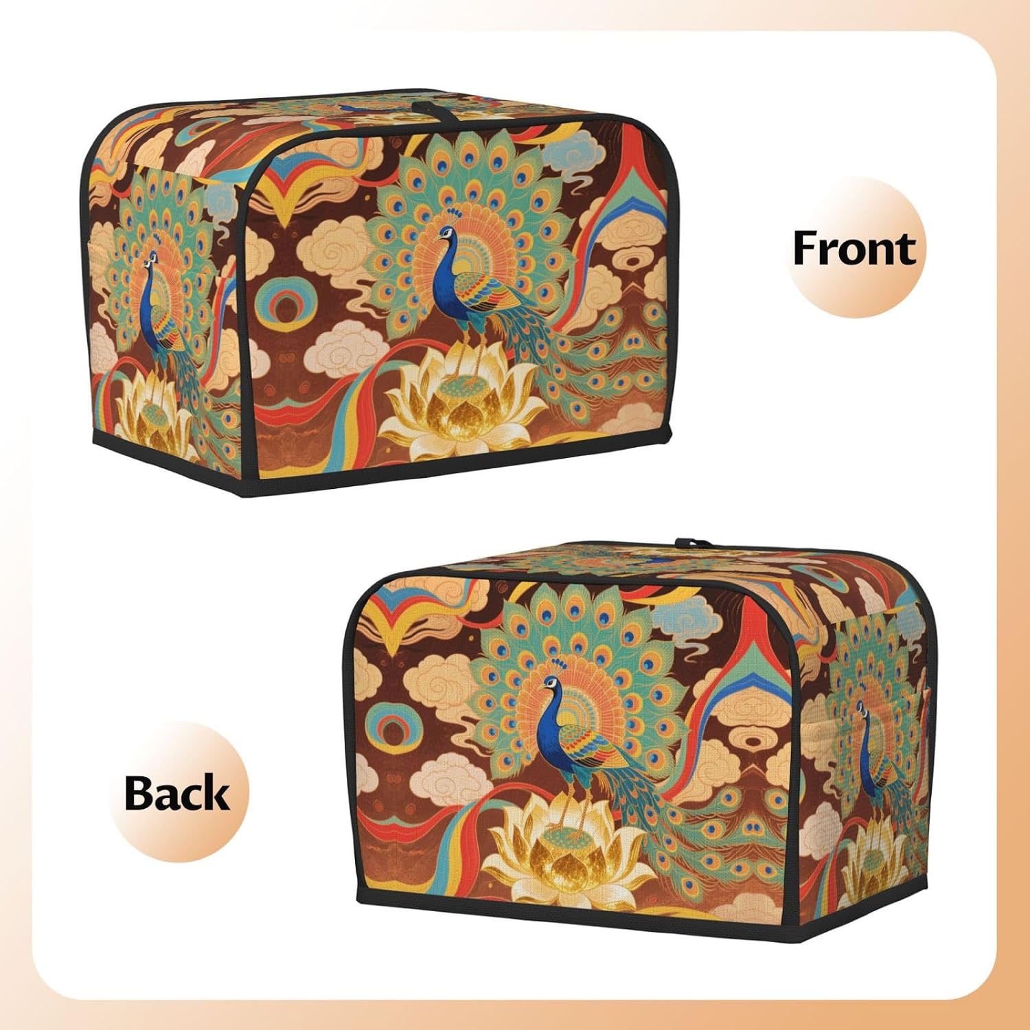 Peacock on Golden Lotus Toaster Cover 2 Slice, Waterproof Bread Machine Covers with Pockets Universal Size Kitchen Small Appliance Cover with Handle, Dust and Fingerprint Protection