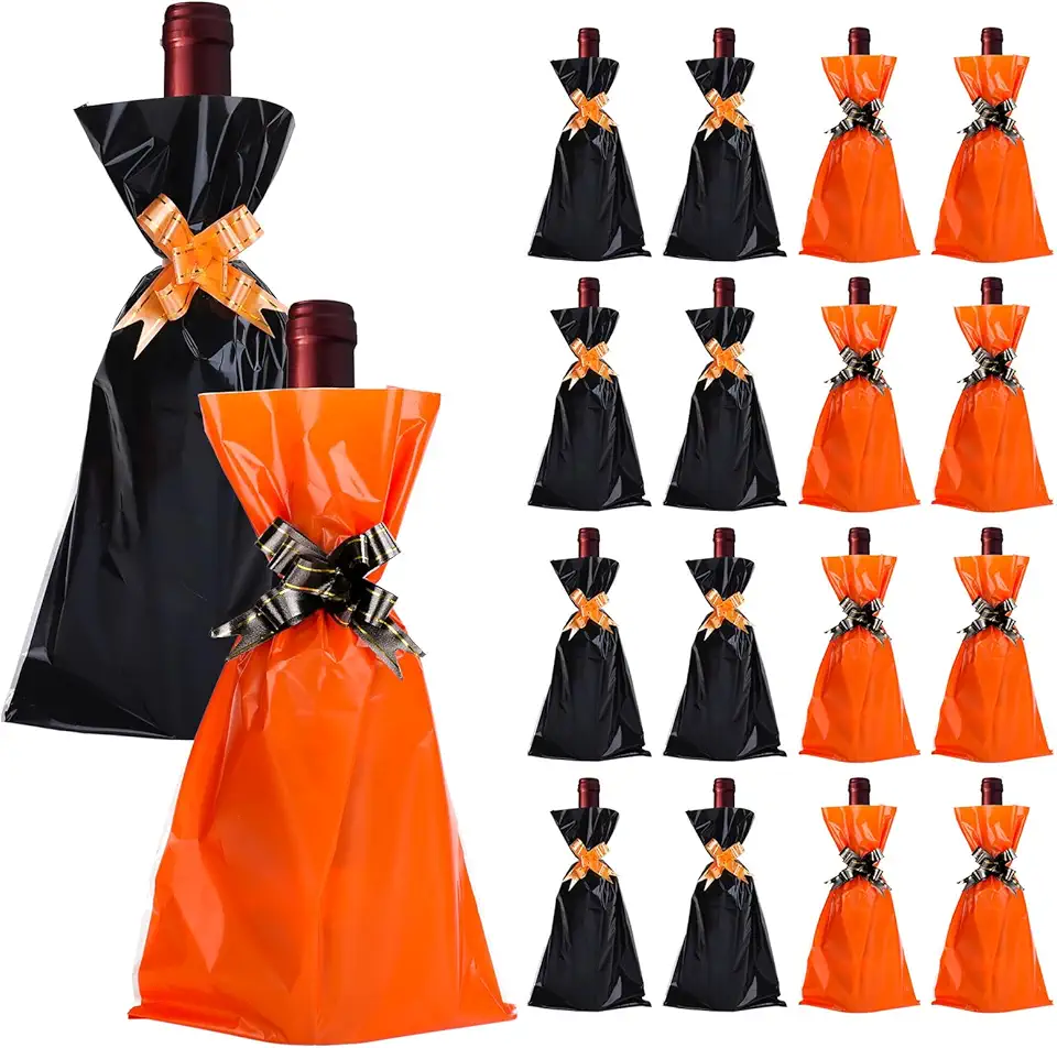 Whaline 50 peças de sacos de celofane para garrafa de vinho de Halloween, saco de presente de vinho com laços de puxar preto e laranja para decoração de mesa de festa, presente de casa