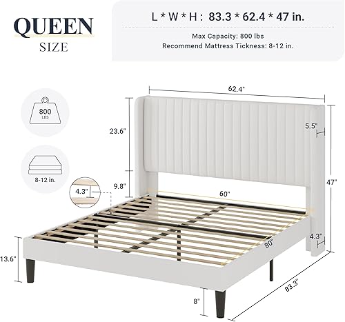 Miniatura 2 de Allewie Marco de cama de terciopelo tamaño Queen, cabecera capitonada con canal vertical, plataforma tapizada, listones de madera fuertes, no