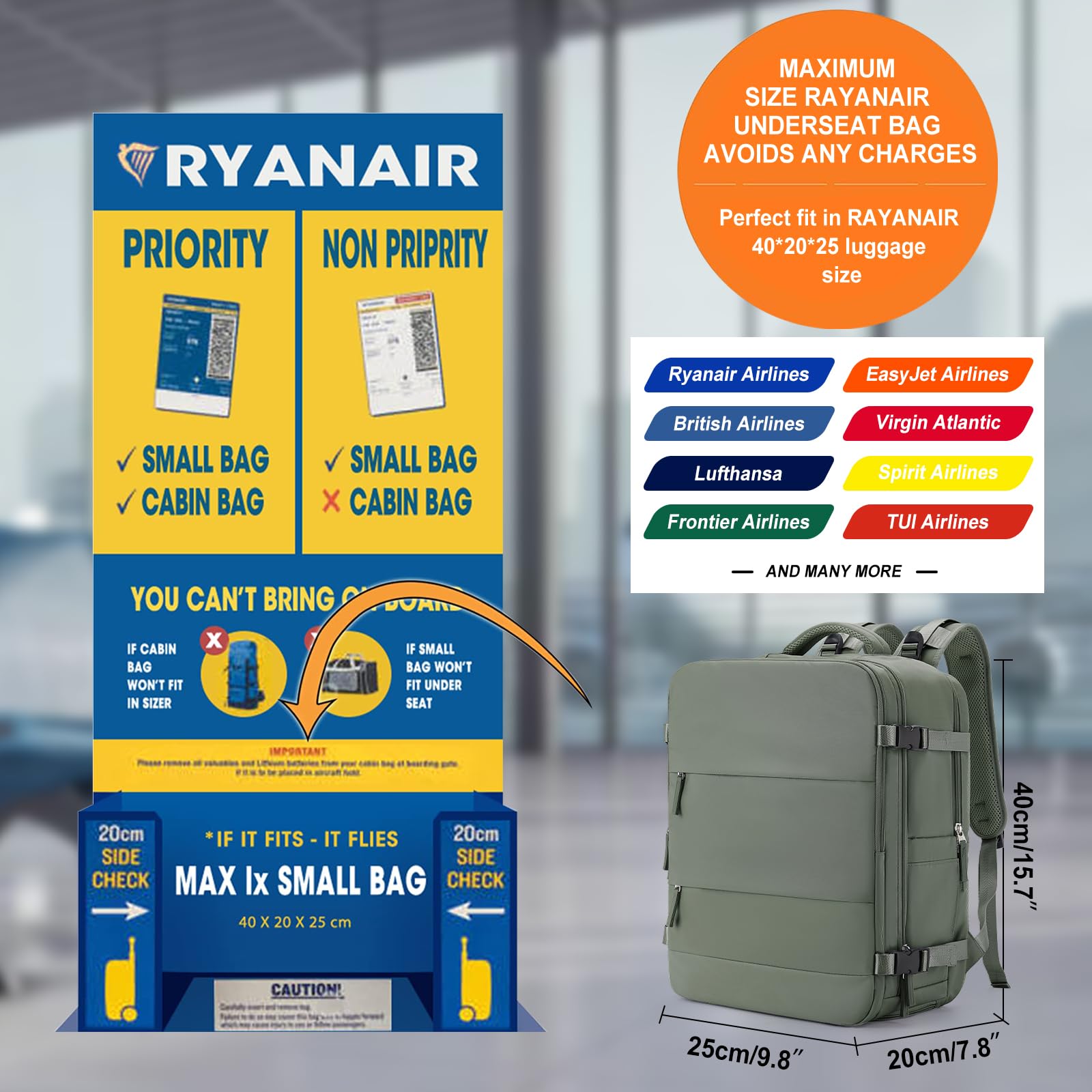 HPLQQ Zaino Bagaglio a Mano Borse da Cabina per Ryanair 40x20x25 Zaino Aereo Zaino da Viaggio donna, Borsa da Viaggio aereo Impermeabile 14 Pollici Zaino Casual Porta PC