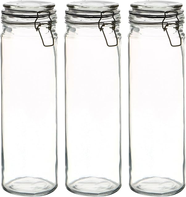 3X 2000ml (2 Litre) Clear Glass Spaghetti Jars with Black Airtight Silicone Seal and Metal Clip Lids - 70.3oz Empty Tall Pasta Kitchen Containers - by Argon Tableware