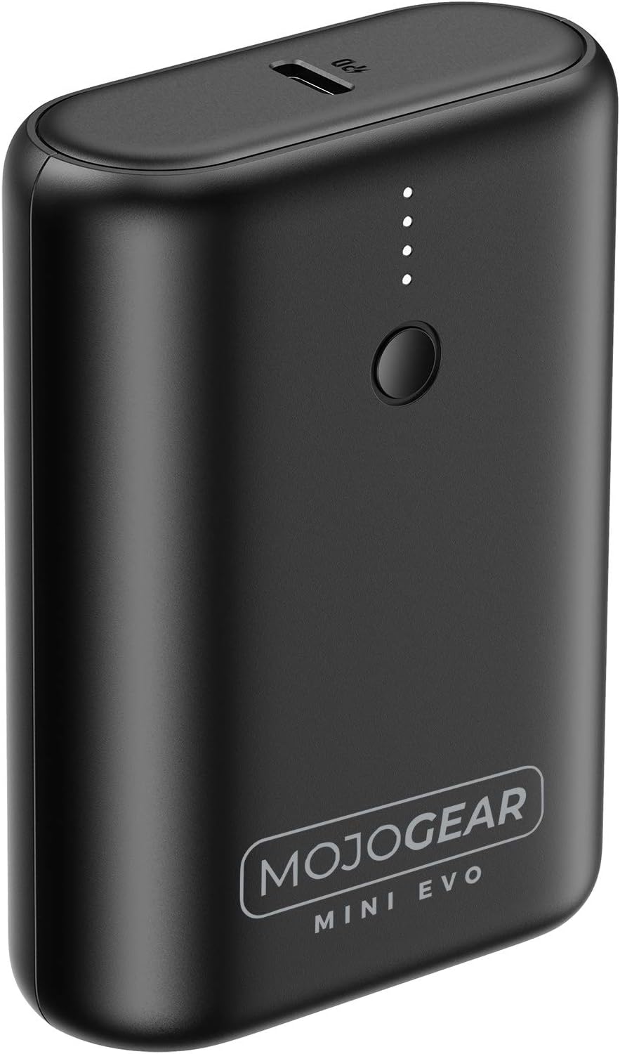 Top view of MOJOGEAR Mini EVO Power Bank showing power button and LED indicators