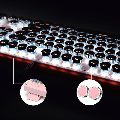 Miniatura 7 de Teclado mecánico para juegos estilo máquina de escribir con retroiluminación LED con interruptor azul retro redondo teclado de 104 teclas (teclado