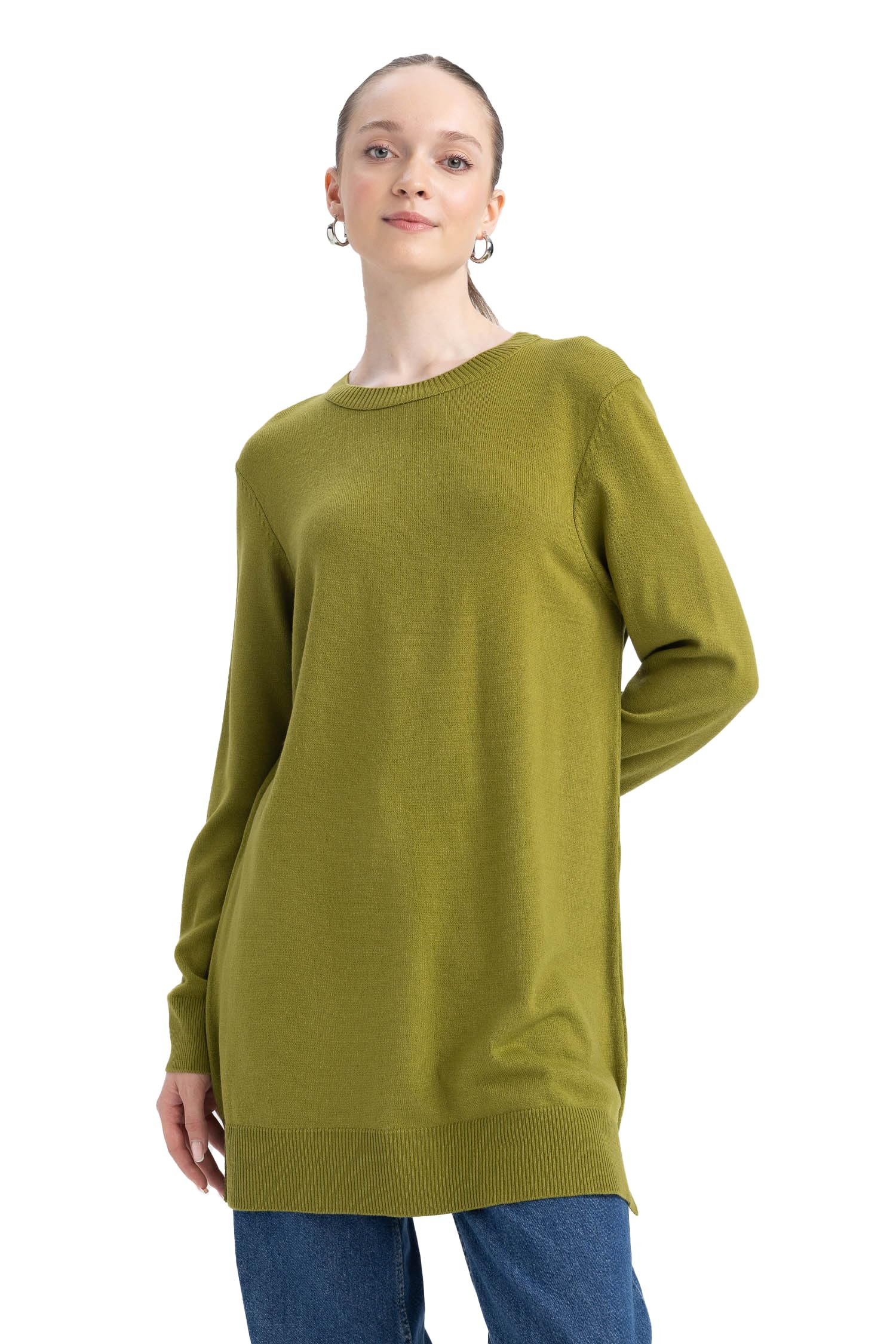 Kadın Regular Fit Bisiklet Yaka Tunik, Yeşil, L