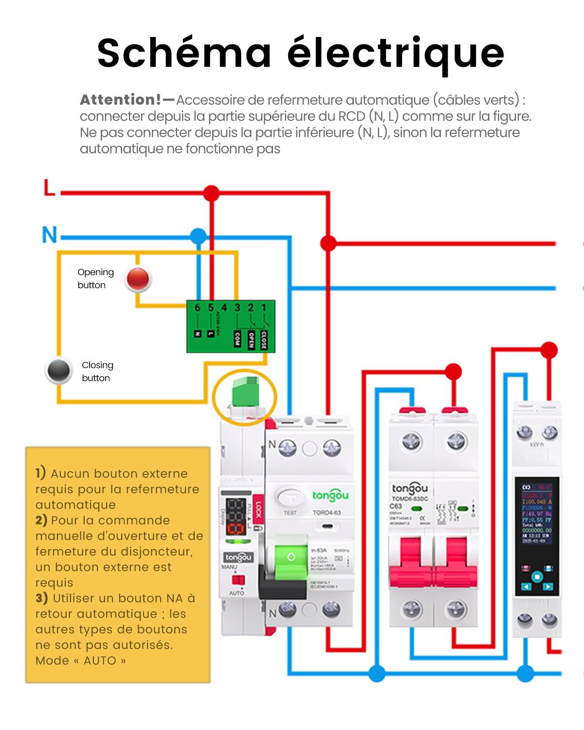 TONGOU Disjoncteur Différentiel a Réarmement Automatique 30mA Type A, 2 Pôles 40A Interrupteur Différentiel