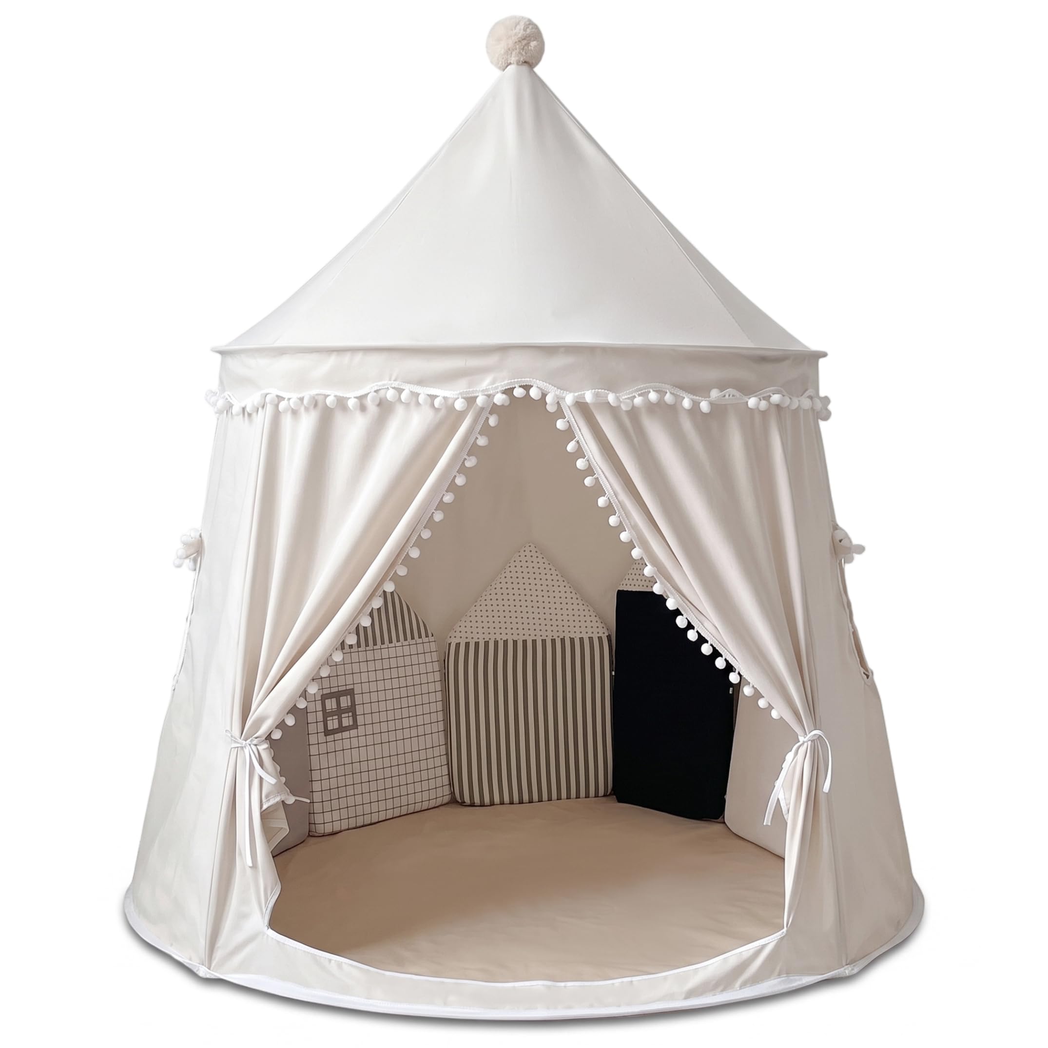 Kids Teepee Tent Foldable Indoor Toddler Play Tent With Tie Curtain & Ventilation Window, Light Beige