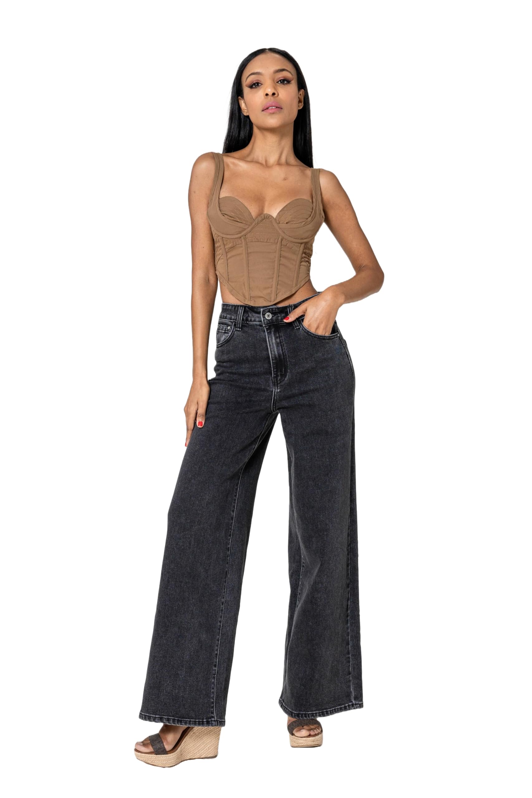 Nina Carter YY300 Pantalones vaqueros de cintura alta para mujer, pierna ancha, elásticos, aspecto desgastado