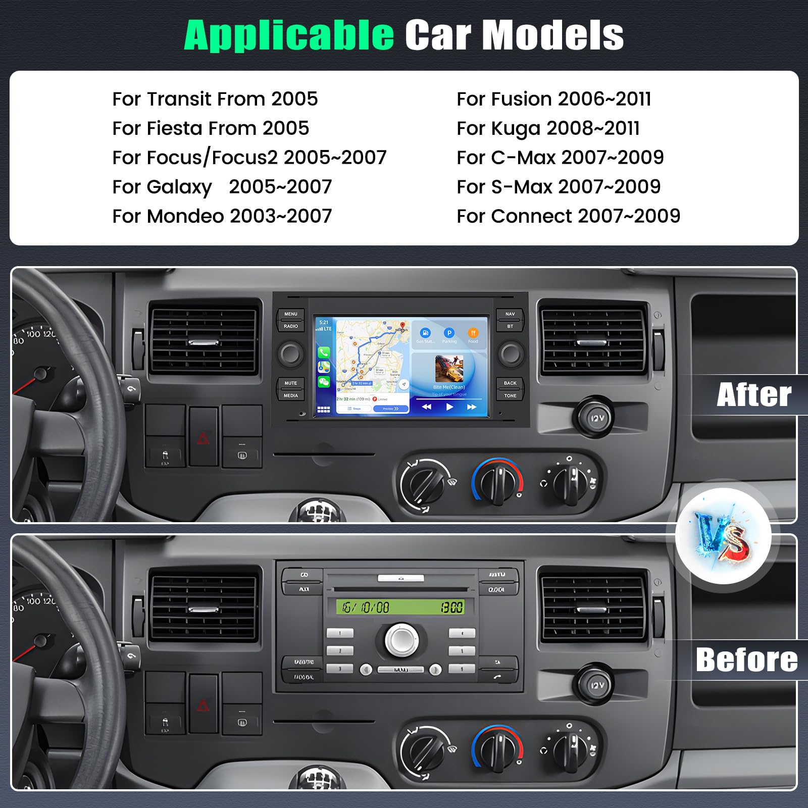 Façade Autoradio 2 DIN Pour Ford Focus C-Max S-Max - Modèles 2005-2008, Couleur Noir, Plastique
