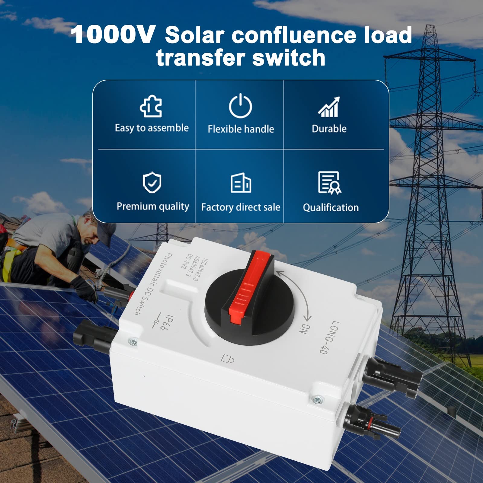 Jadeshay Interruttore di Isolamento,32A CC1200V Sezionatore DC Fotovoltaico Interruttore di Separazione IP66 Interruttore di Protezione per Sistemi di Alimentazione Solare