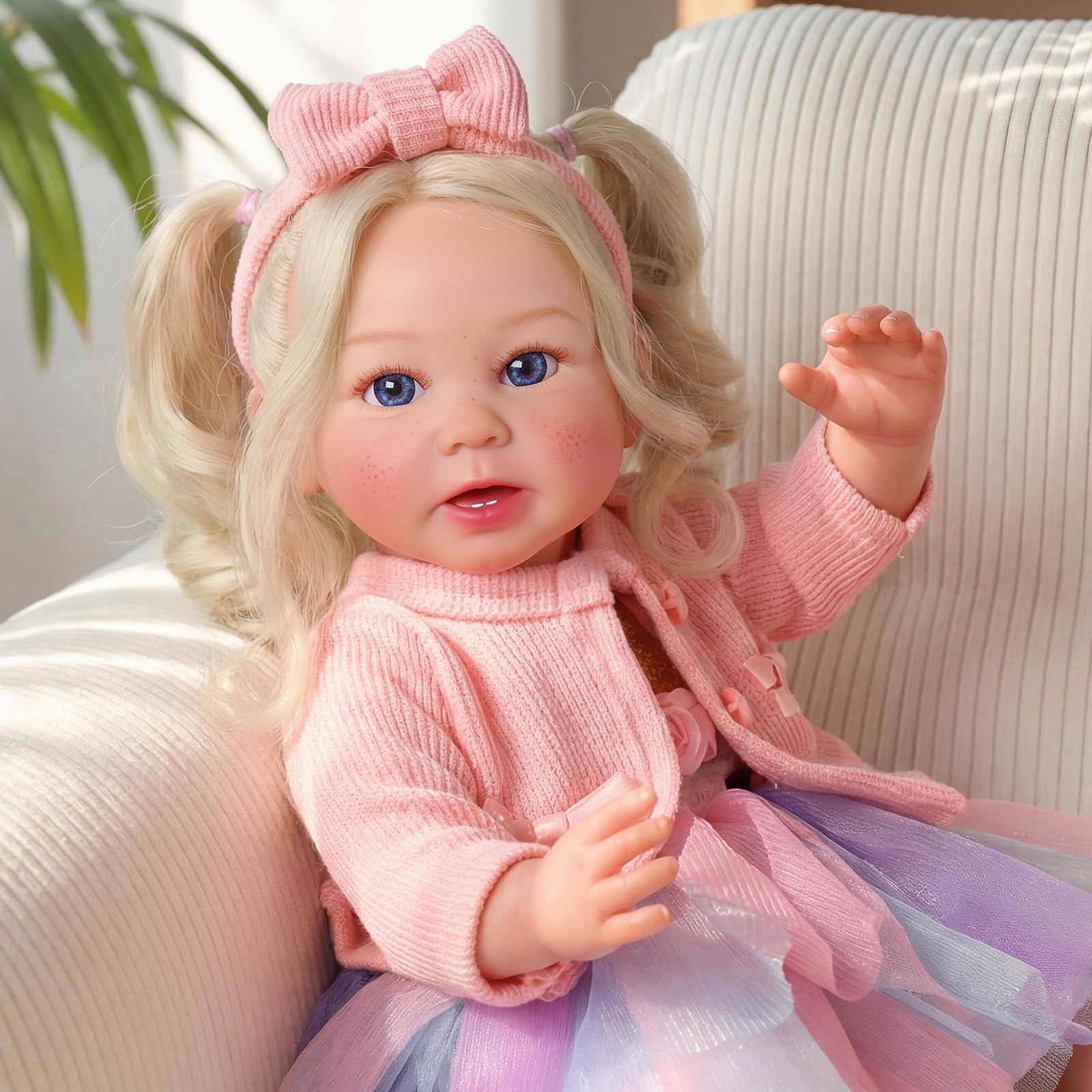 BABESIDE Reborn Baby - 17 Zoll Handgemachte Lebensechte Puppe mit Langen Grauen Haaren - Realistische Babypuppen Mädchen mit Spielzeugzubehör für Kinder Ab 3 Jahren