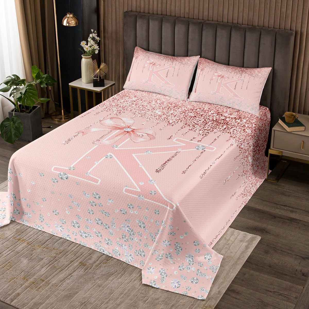 jejeloiu Pink Rose Gold Bedspread,Twin Size,Pink Bow Coverlet Set for Kids Boys Girls,Personalized Letter K Quilted Coverlet,Glitter Diamond Pattern Bedspread Cover Bedroom Decor,Monogrammed