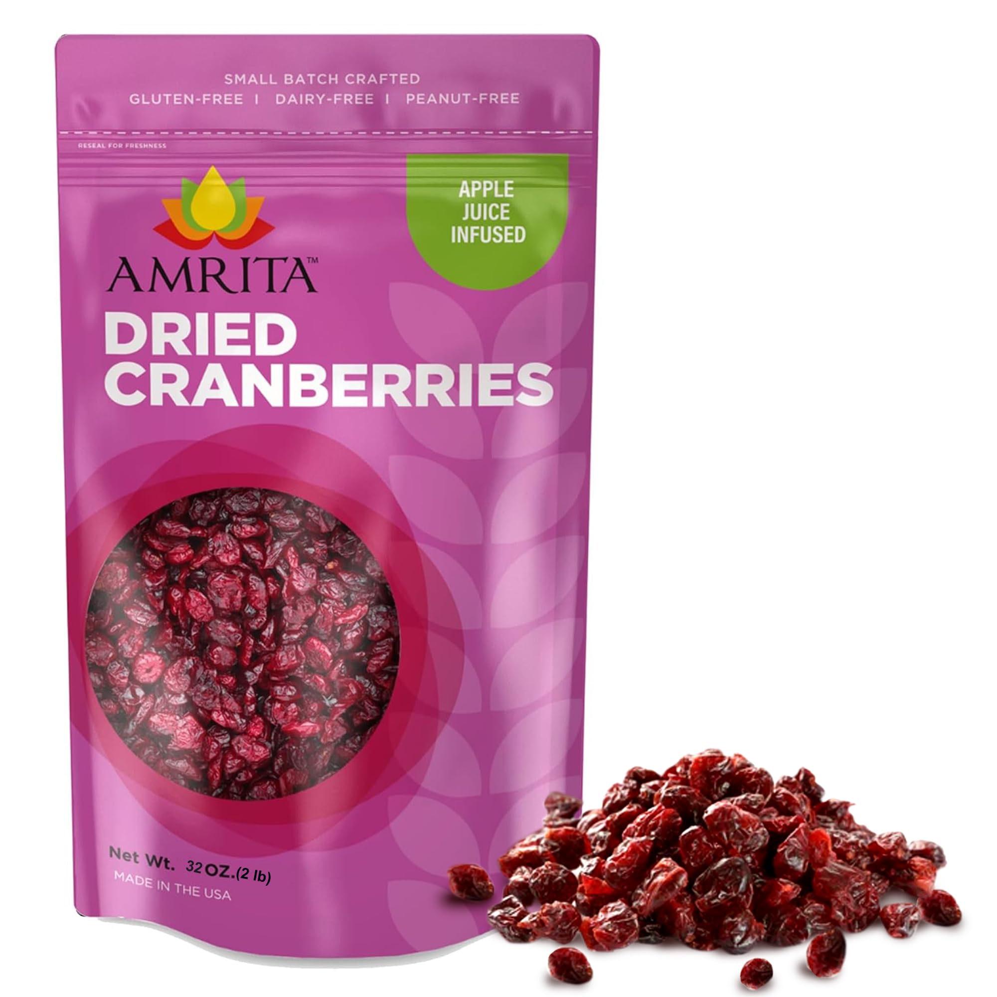 Amrita Dried Cranberries 2 lb | Sweetened with Apple Juice, Unsulfured, Gluten Free, non-GMO, No Preservatives | Packed Fresh in Resealable Bags | Fruit Snacks, Salads, Baking