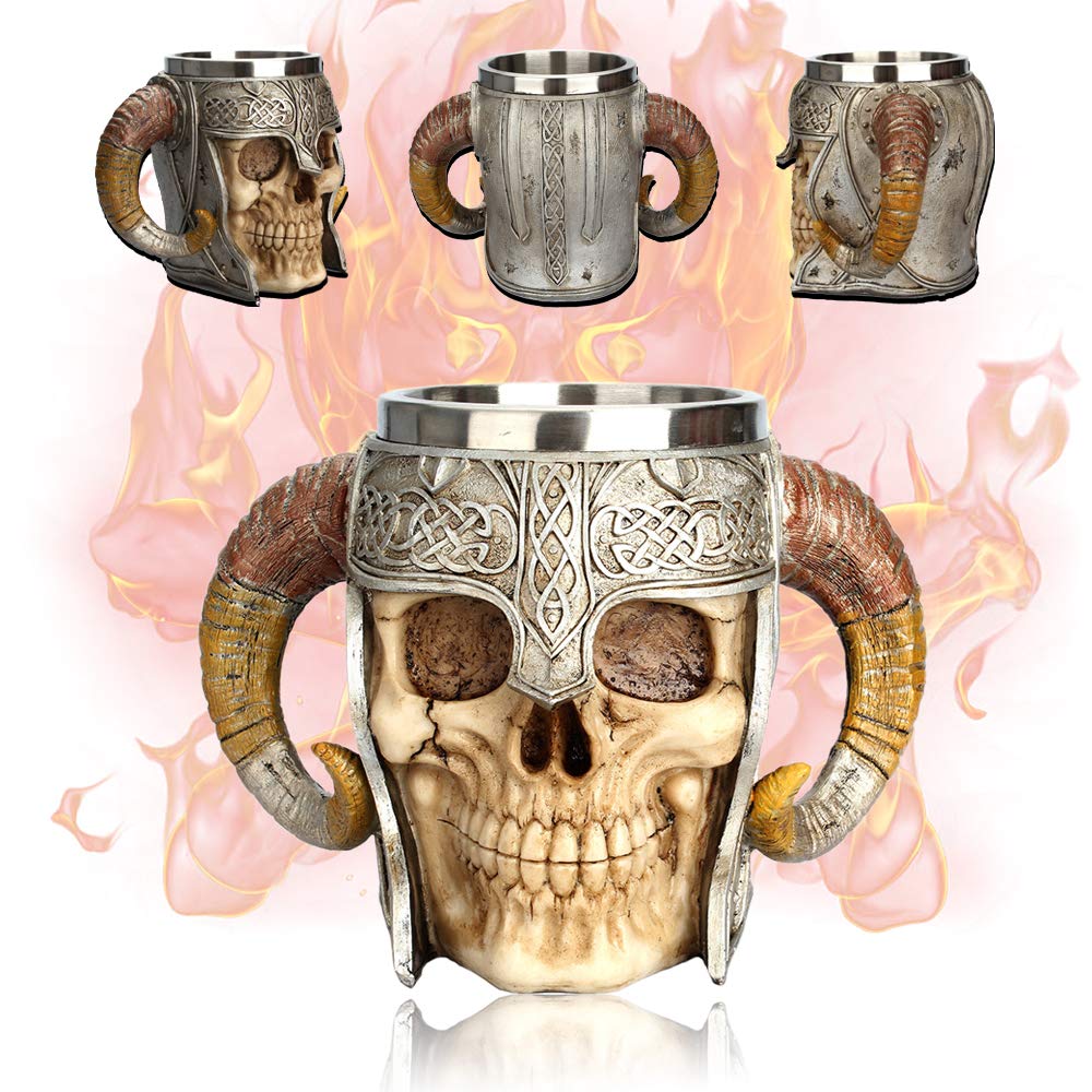 Stainless Steel Skull Beer Mug，Viking Warrior Skull Mug Tankard, Realistic Skull Mug, Skull Mug Stainless Steel Tankard Mug Coffee Tea Water Drinking Cup for Party or Bar