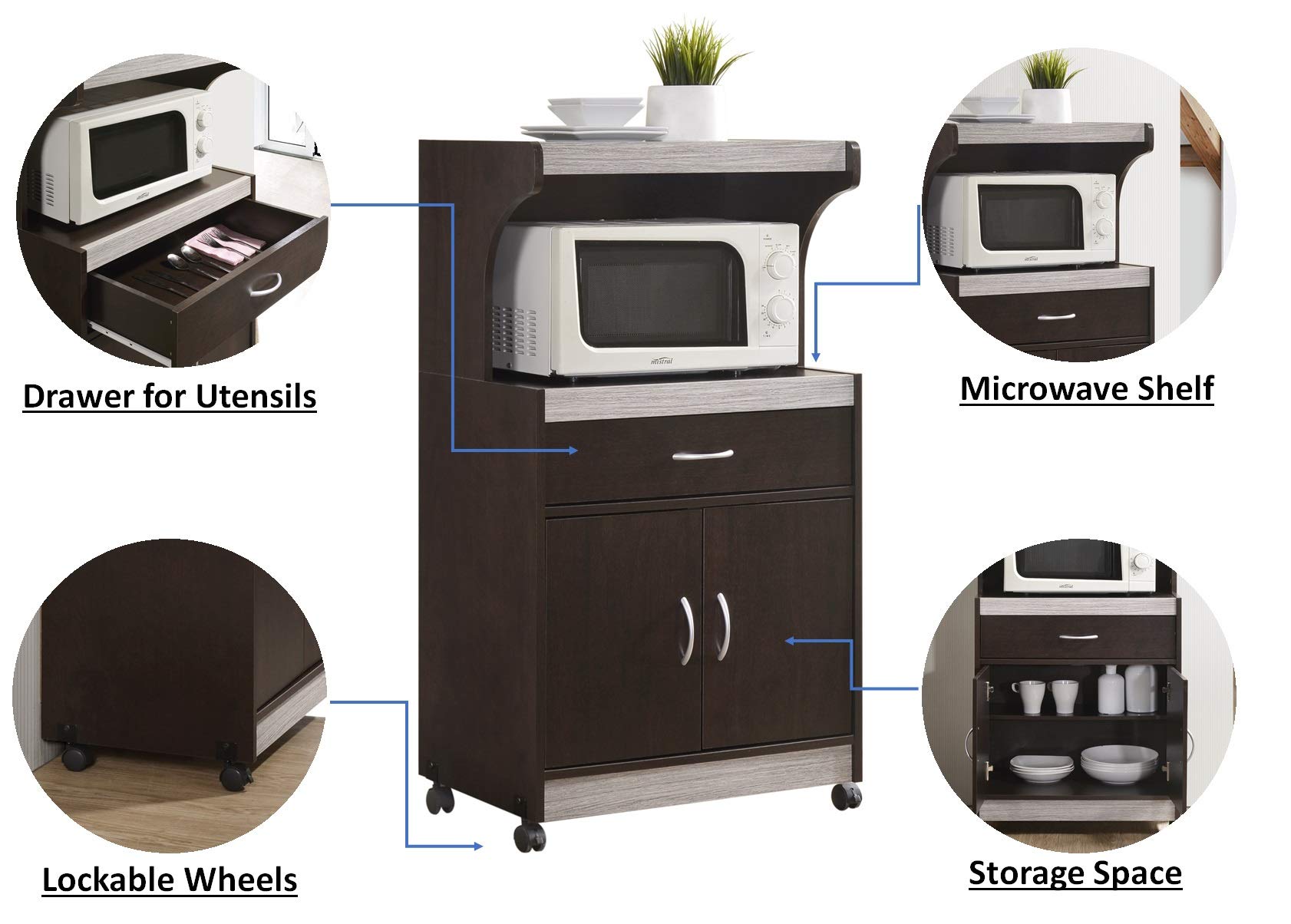 Amazon.com: Hodedah Microwave Kitchen Cart, Chocolate-Grey : Home