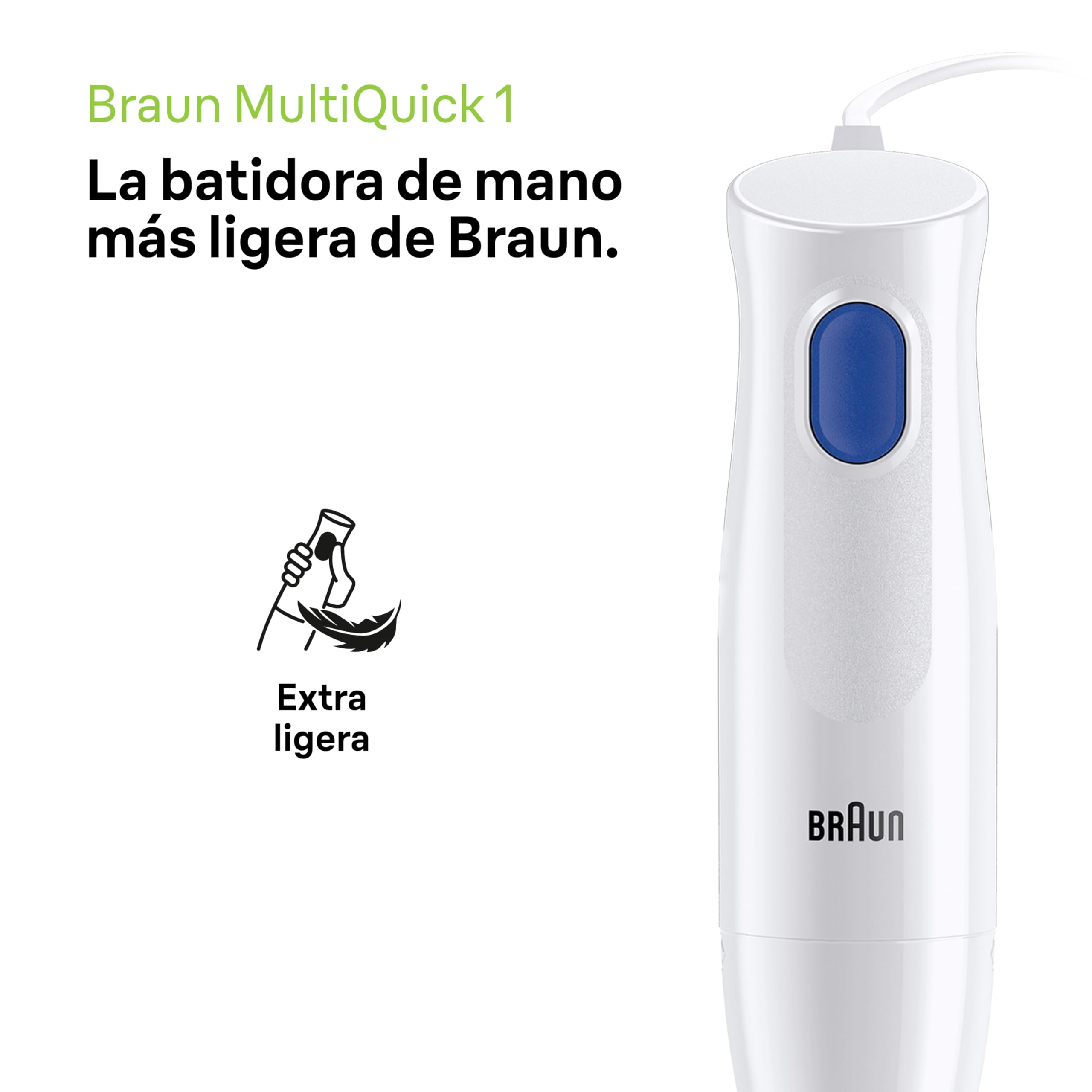 Braun Minipimer MultiQuick 1 - Batidora de mano ligera para sopas, batidos y papillas para bebé, 1 velocidad, vaso medidor 600 ml, 450W, blanco (MQ10.001MWH)