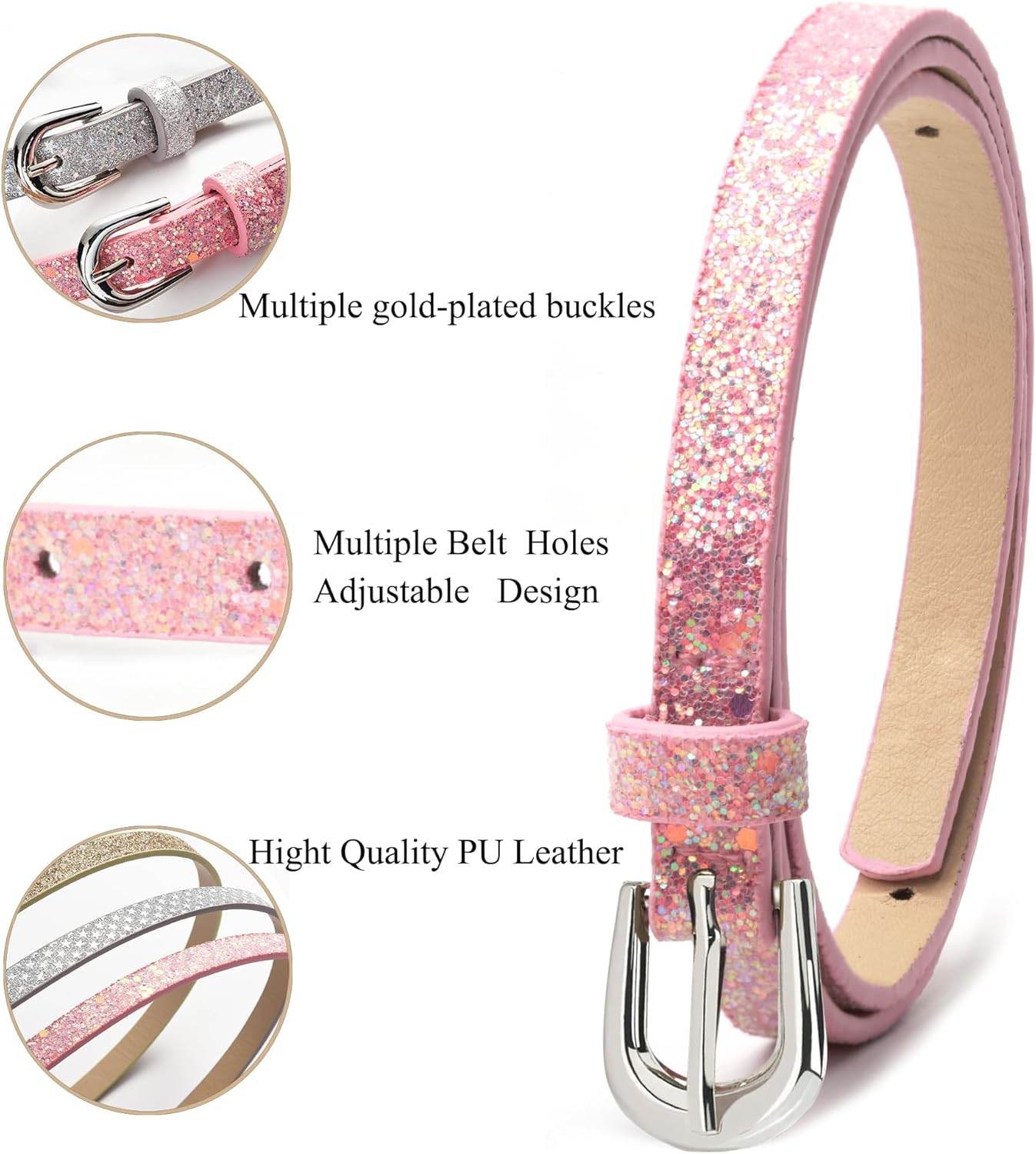 Kids Glitter Leather Belts for Girls - Youth Teens Skinny Leather Belts for Jeans with Silver Buckle - Image 2