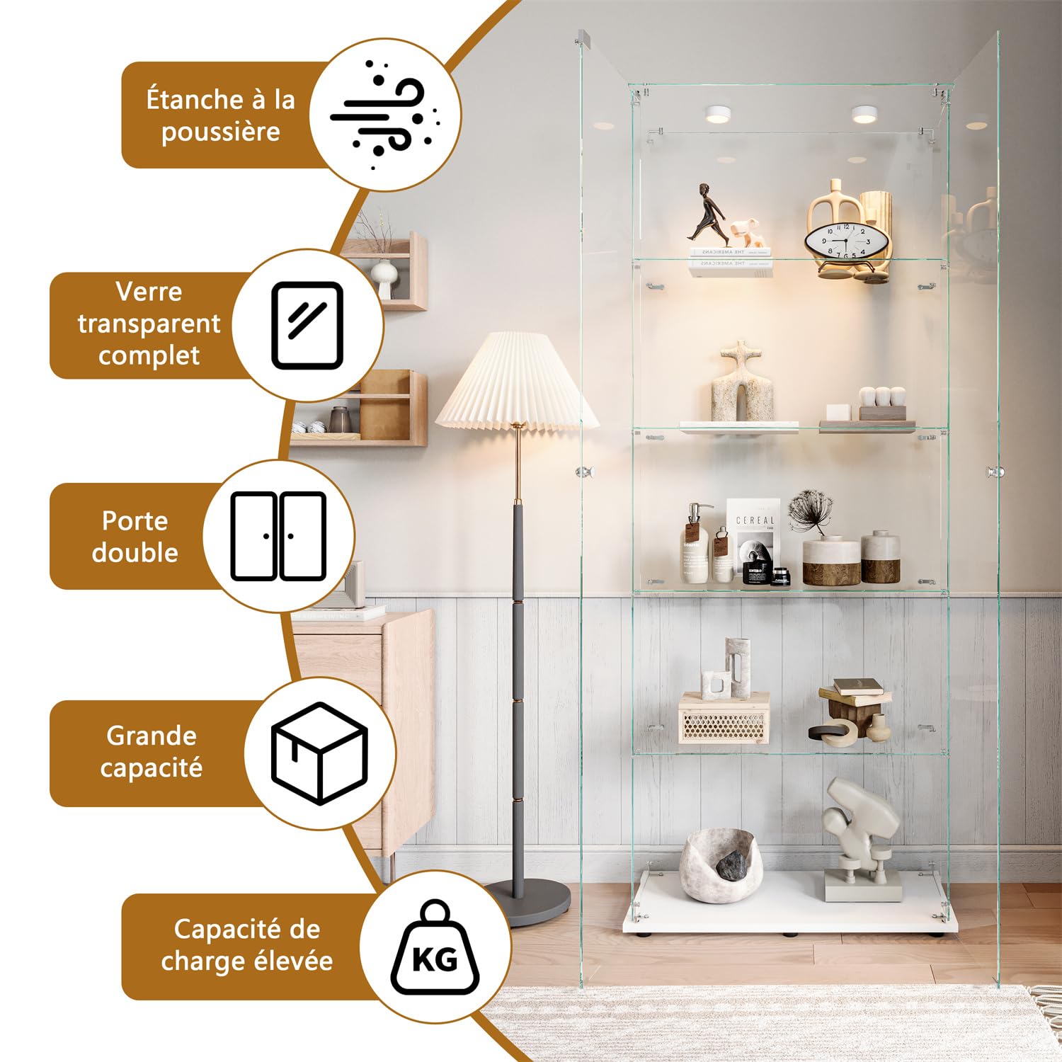 Vetrine in Vetro da Terra con LED,Vetrina Espositiva con 5 Ripiani in Vetro,Vetrinetta Soggiorno Moderna con 2 Porta e Serratura,Vetrina Espositore per Collezionismo,Libri,Vino,Bianco