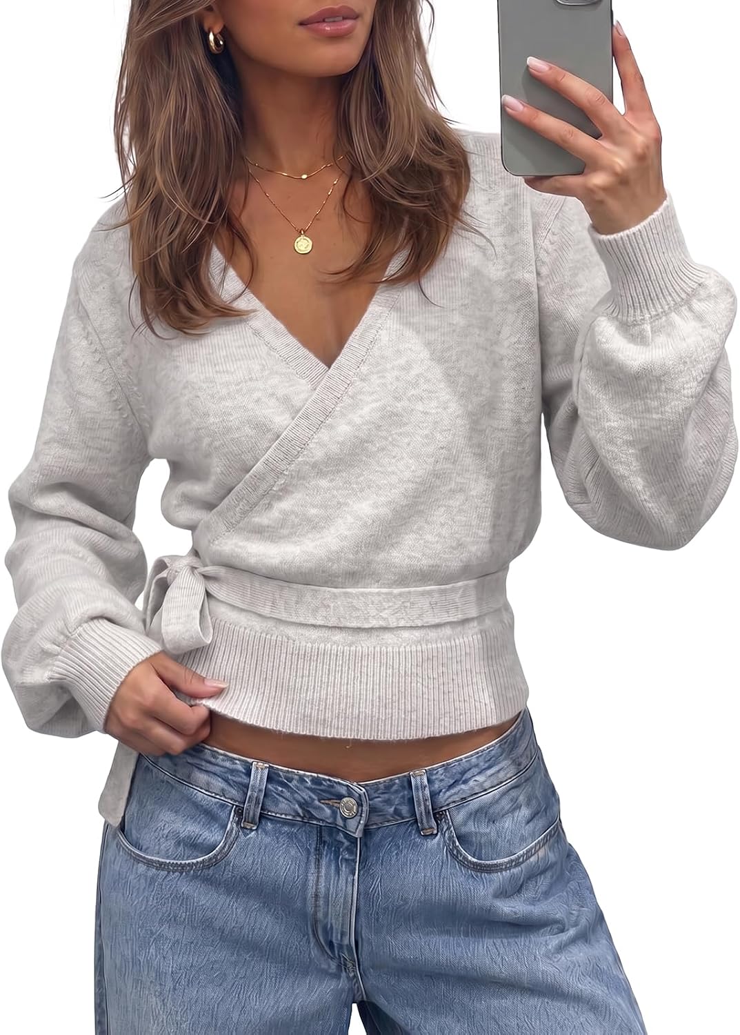 Fisoew Womens V Neck Wrap Cardigan Sweaters Casual Tie Belted Long Lantern Sleeve Slim Fit Knit Crop Pullover Tops