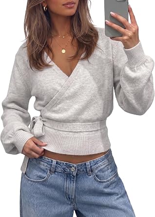 Fisoew Womens V Neck Wrap Cardigan Sweaters Casual Tie Belted Long Lantern Sleeve Slim Fit Knit Crop Pullover Tops