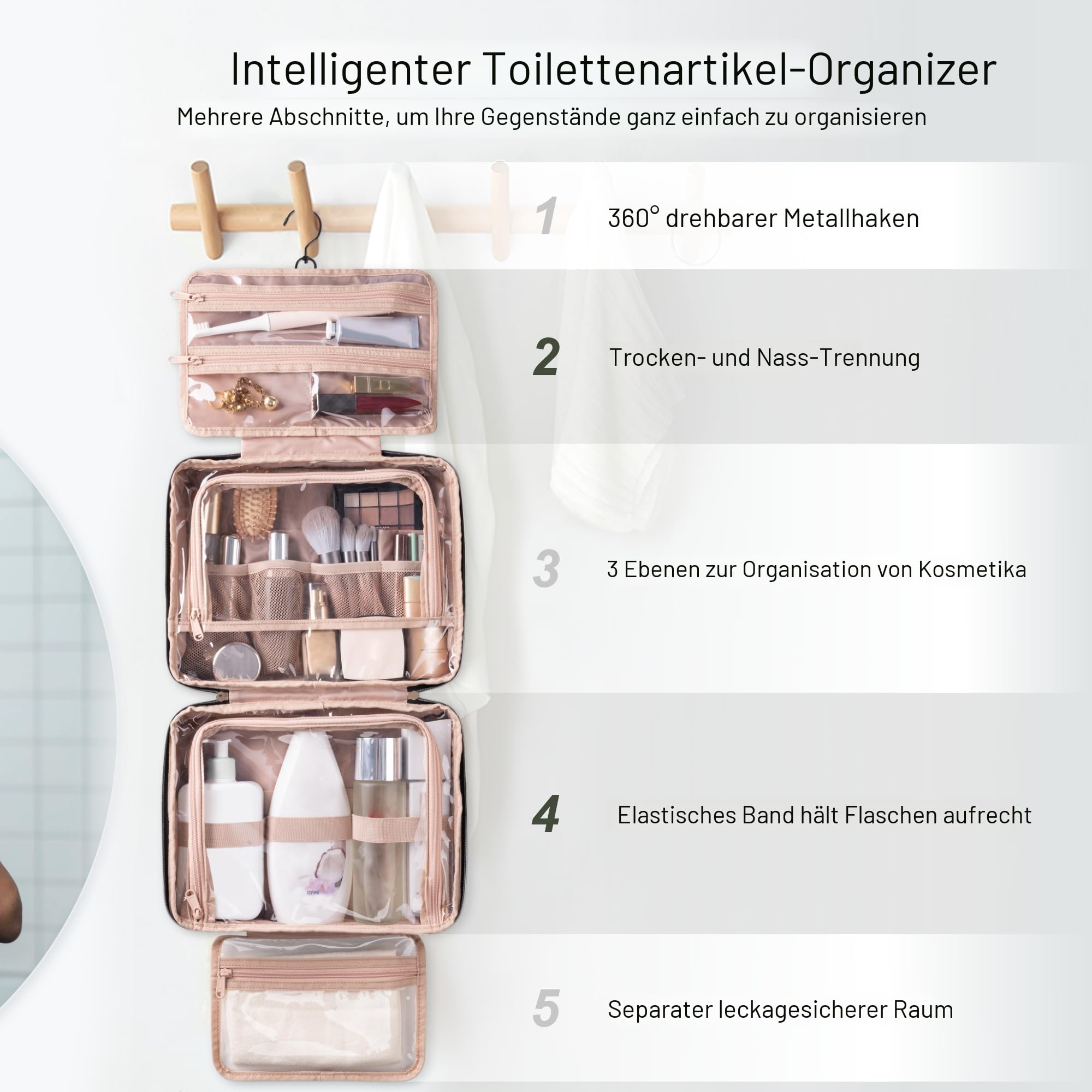 EVERFUN Hängende Reise Kulturbeutel für Frauen, Kleine Kosmetiktasche mit 4 Fächern, Faltbare Makeup Bag, wasserdichte Toilettentasche Vollständig Geöffnet, Handgepäck-Dopp Kit für Reisezubehör