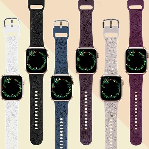 Miniatura 2 de Paquete de 6 correas de silicona grabadas con estampado floral compatibles con Apple Watch Band de 1.575 in 1.614 in 1.496 in 1.654 in 1.732 in