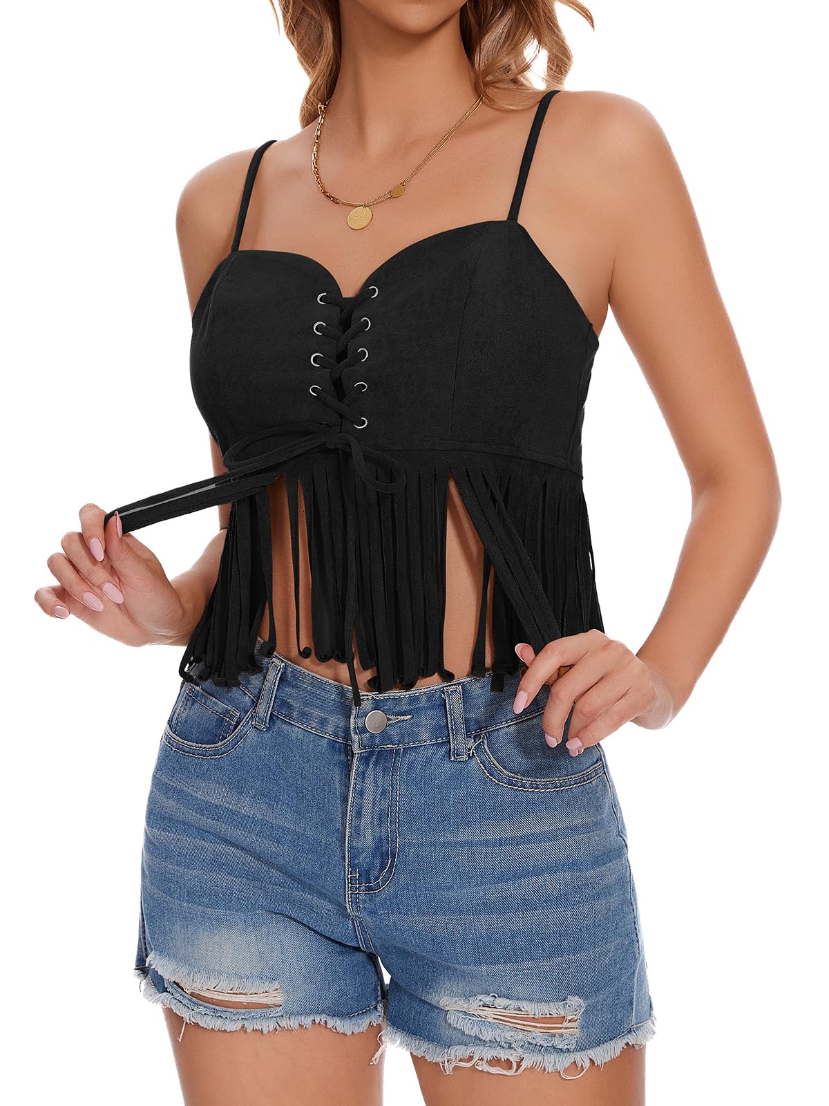 WUDODO Womens Fringe Tank Top - Country Concert Outfits Festival Tassel Hem Sleeveless Y2k Camisole Cowgirl Shirts