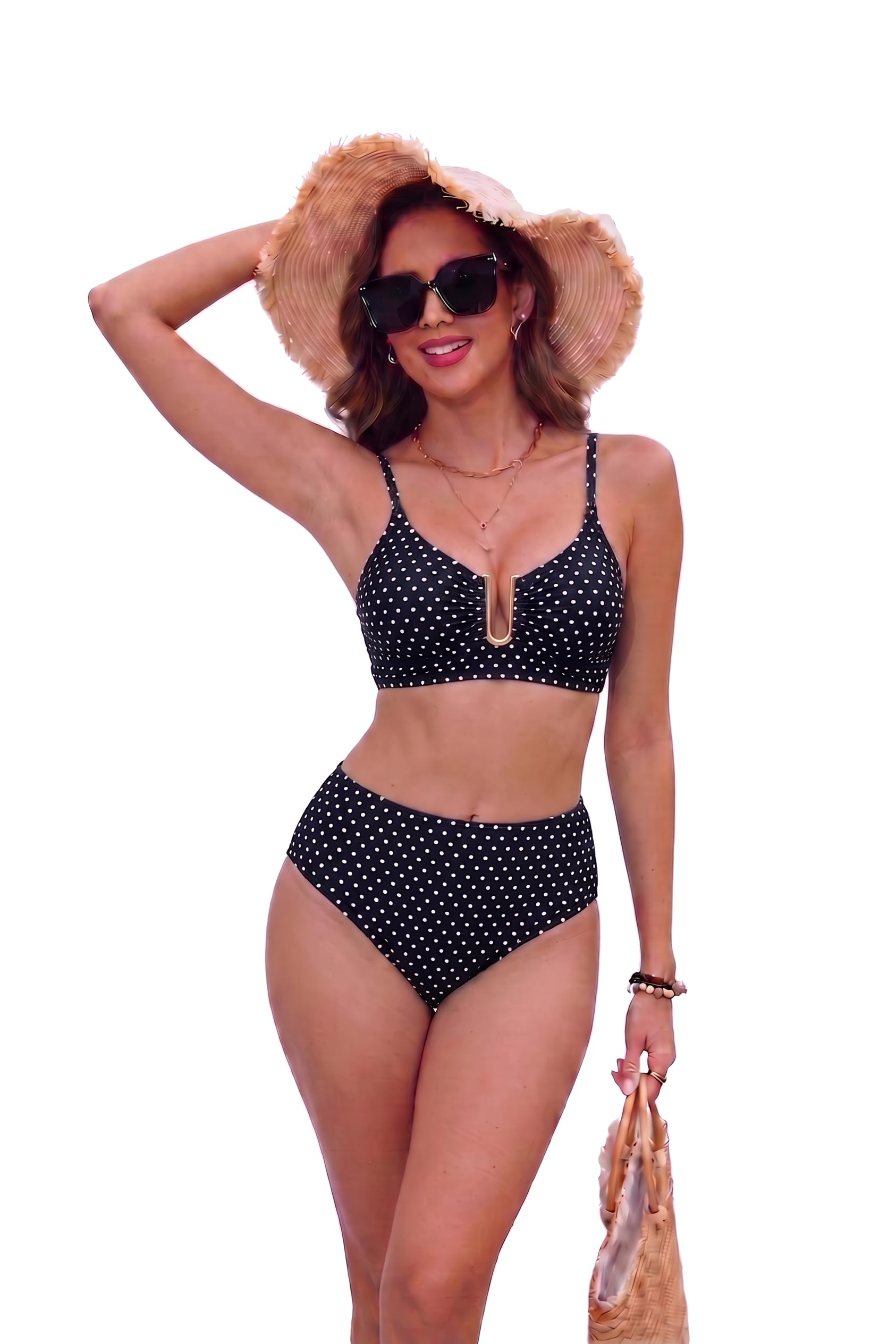 HORISUN Bikini de cintura alta para mujer, de dos piezas con tirantes ajustables, cierre de metal en U, push up, moldeador de figura, traje de baño para vacaciones en la playa, piscina