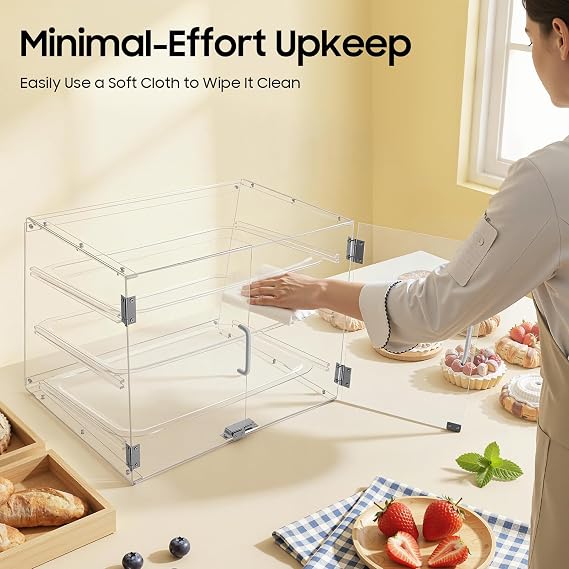 Acrylic Pastry Display Case, Clear Commercial Cookie Display Canbinet Countertop Bread Box with 3 Detachable Trays and Magnetic Rear Door for Bakery Coffee Shop Dessert Store