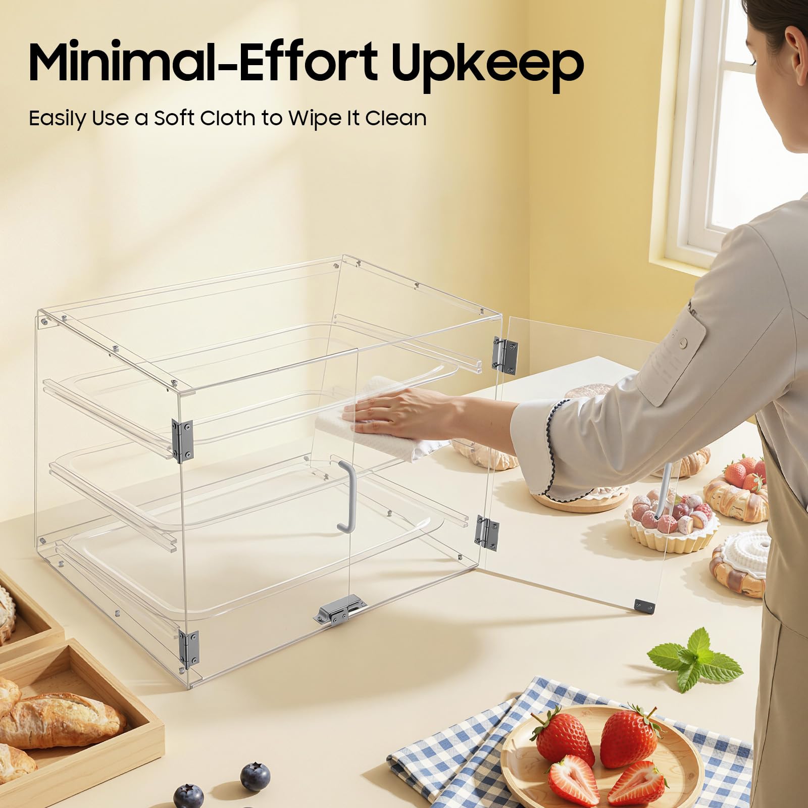 Vitrina de 3 pisos con puerta magnética, 54 x 44 x 42 cm, con capacidad de carga de 5 kg por nivel, caja de almacenamiento de acrílico extraíble para panadería, cafetería, protector contra el polvo