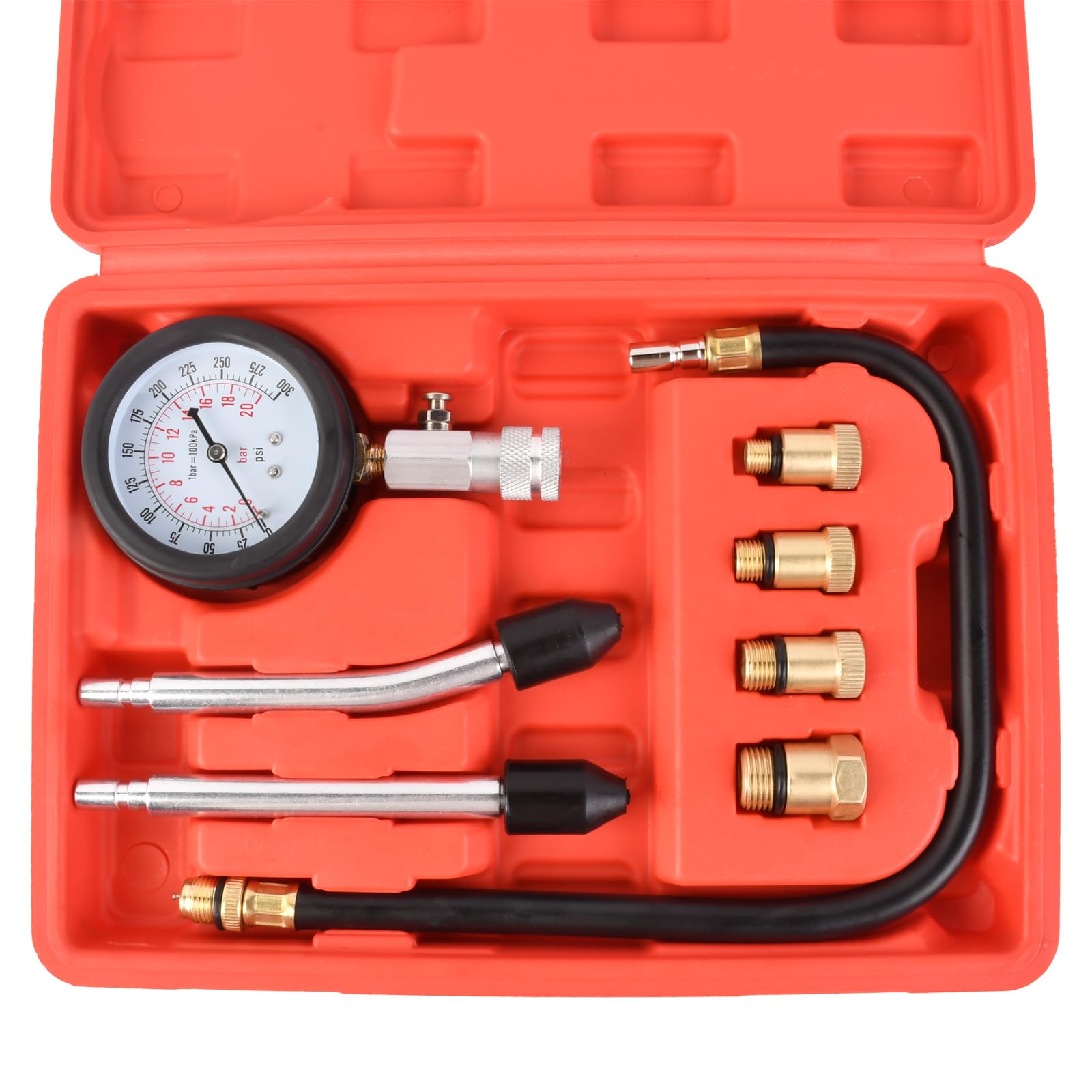 Tester di compressione a benzina, misuratore di compressione con spessimetro e 4 adattatori M10, M12, M14, M18, misuratore di compressione di ricambio per auto, moto, camion, motore a benzina