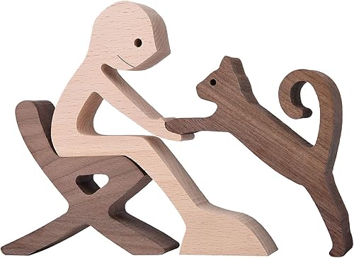 Figuras de niña con gato, estatuas de madera, esculturas de animales hechas a mano, regalos creativos para decoración del hogar para amigos,