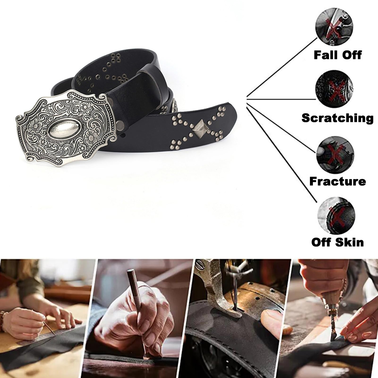 Ceinture en Cuir à Rivets Neutres Style Tendance Clouté Boucle à Griffes Réglable Style Punk Rock(115cm/waist:39", A)