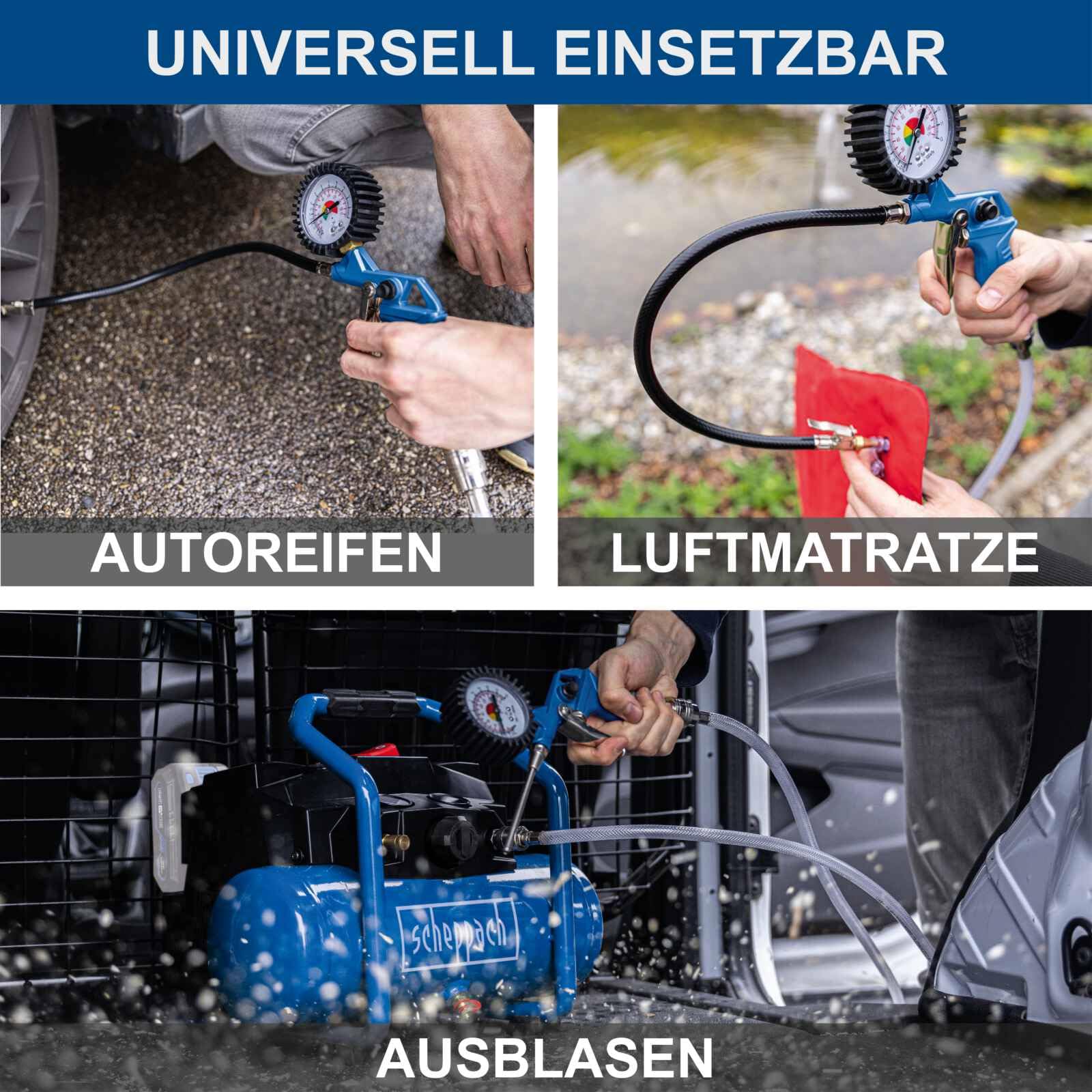 Scheppach Akku Kompressor C-ACT160/6-X mit 11 tlg. Zubehör | 6L Kessel | 8Bar Druck | 130L/min Ansaugleistung | Druckminderer & Manometer | 20V-IXES-System | 10 Jahre Garantie | 2x2Ah Akku & Ladegerät